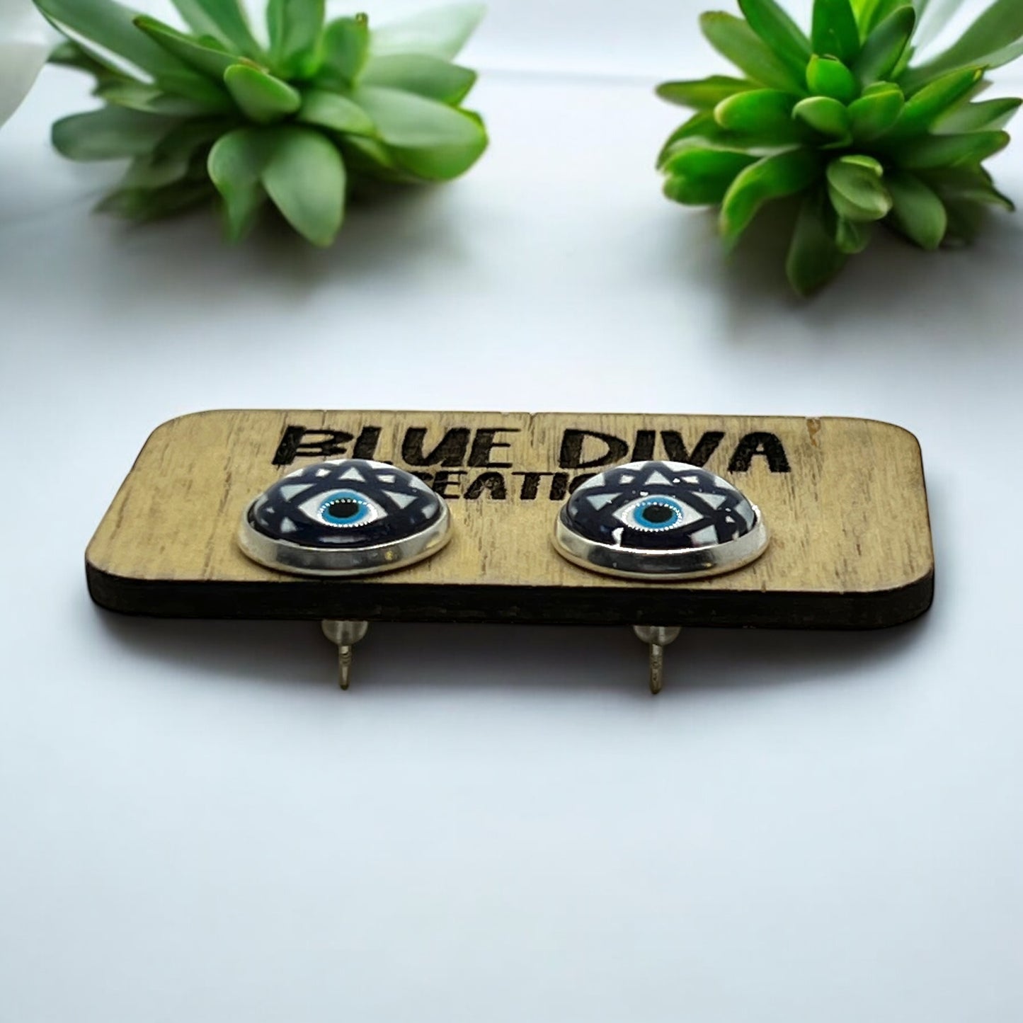 12mm Blue Evil Eye Geometric Stud Earrings