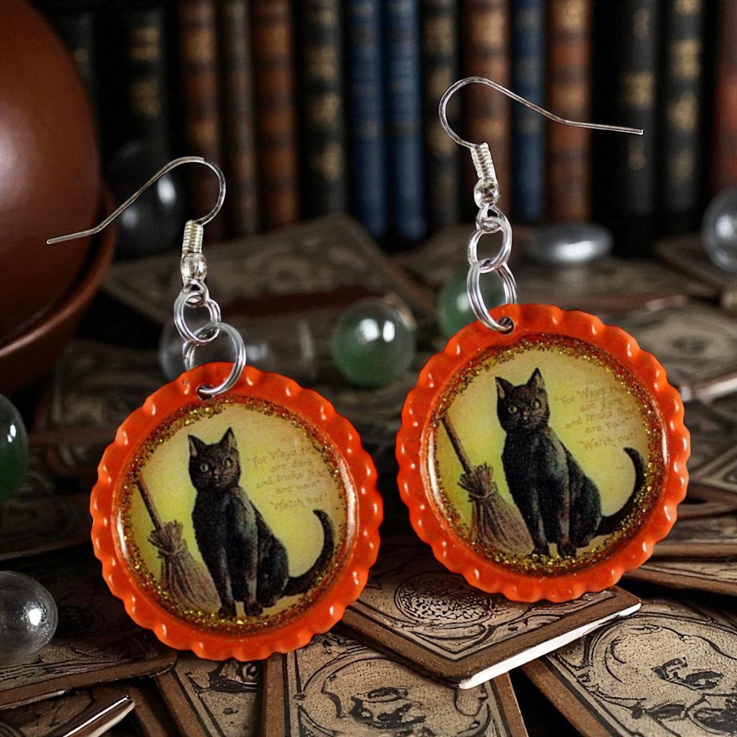 Halloween Black Cat Bottle Cap Earrings – Handmade Vintage Spooky Jewelry
