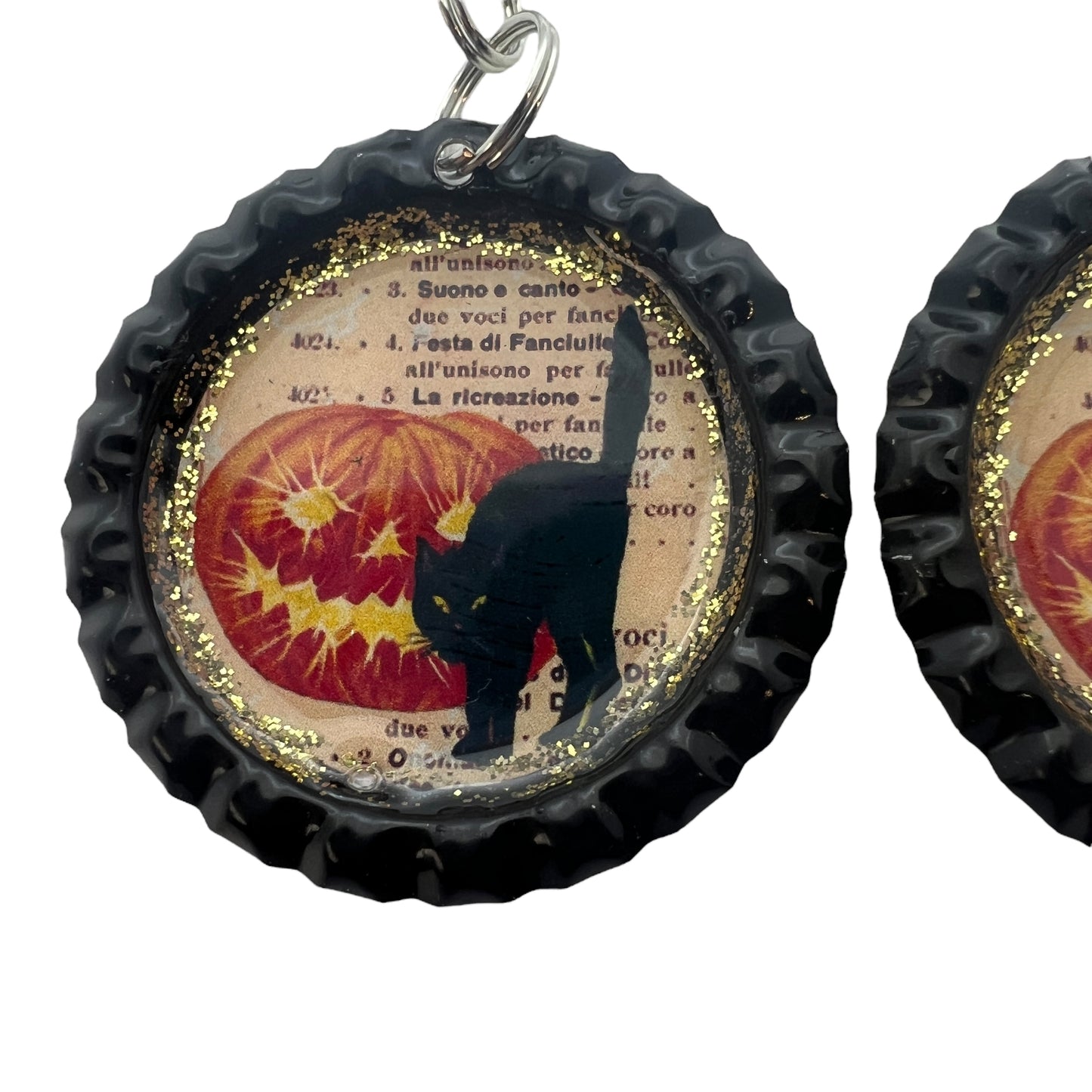 Black Cat & Jack-O’-Lantern Halloween Earrings – Handmade Bottle Cap Dangles