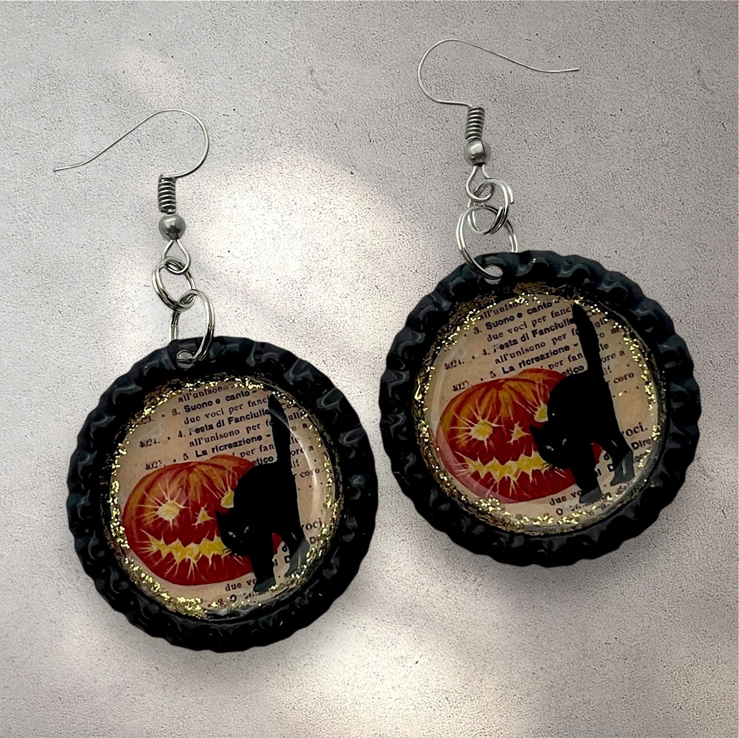 Black Cat & Jack-O’-Lantern Halloween Earrings – Handmade Bottle Cap Dangles