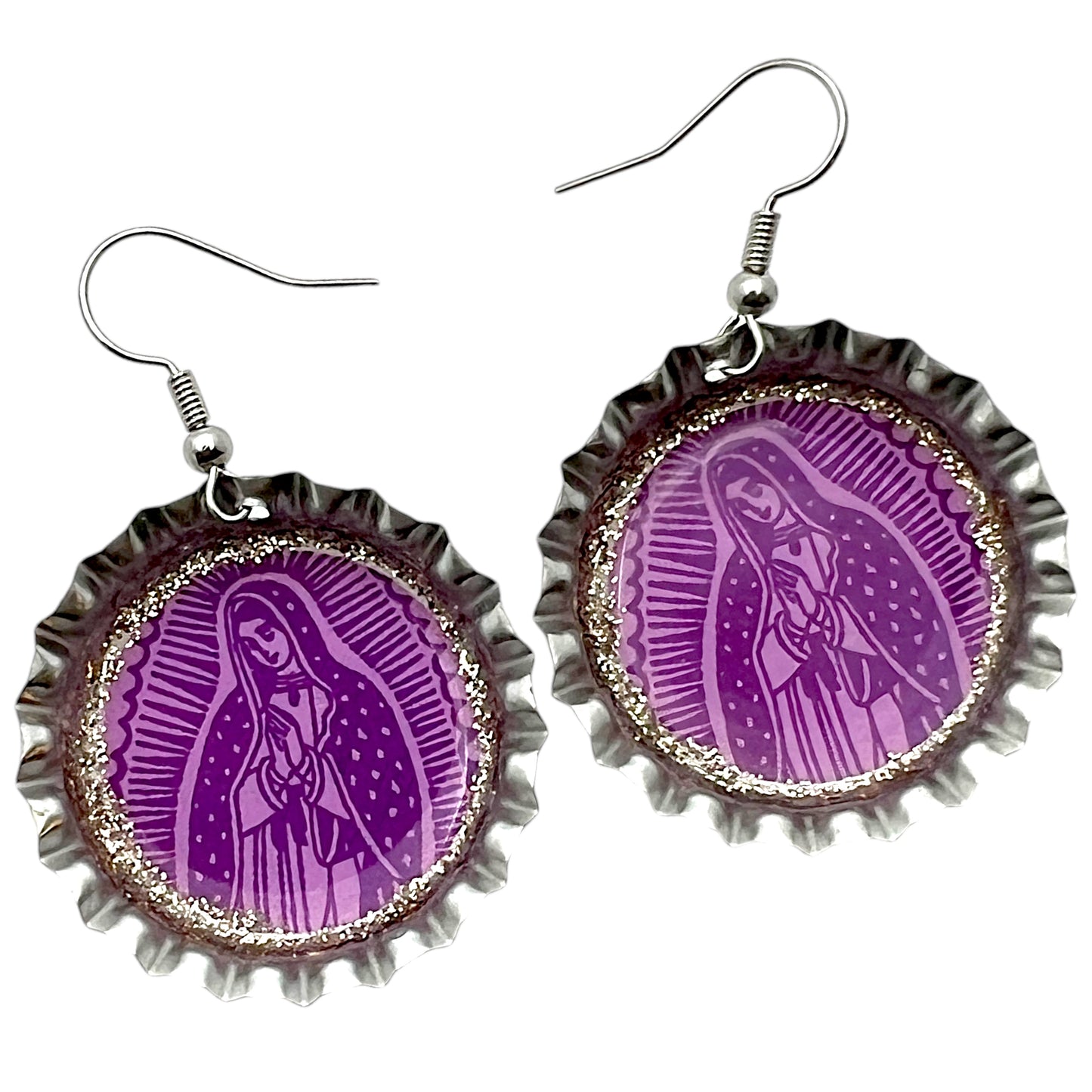Purple Virgen de Guadalupe Bottle Cap Earrings