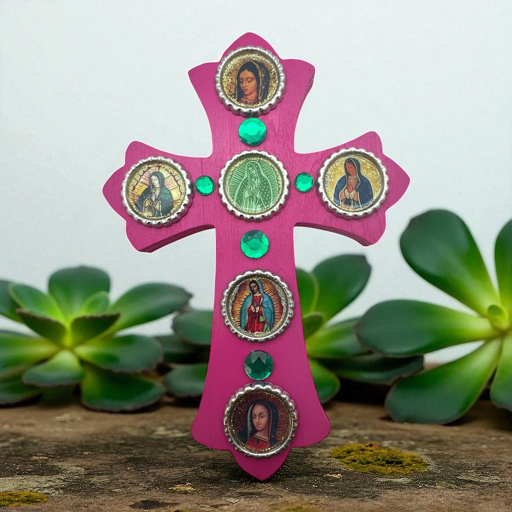 Pink Wooden Cross with Virgen de Guadalupe – 8” Resin-Sealed Bottle Cap Folk Art