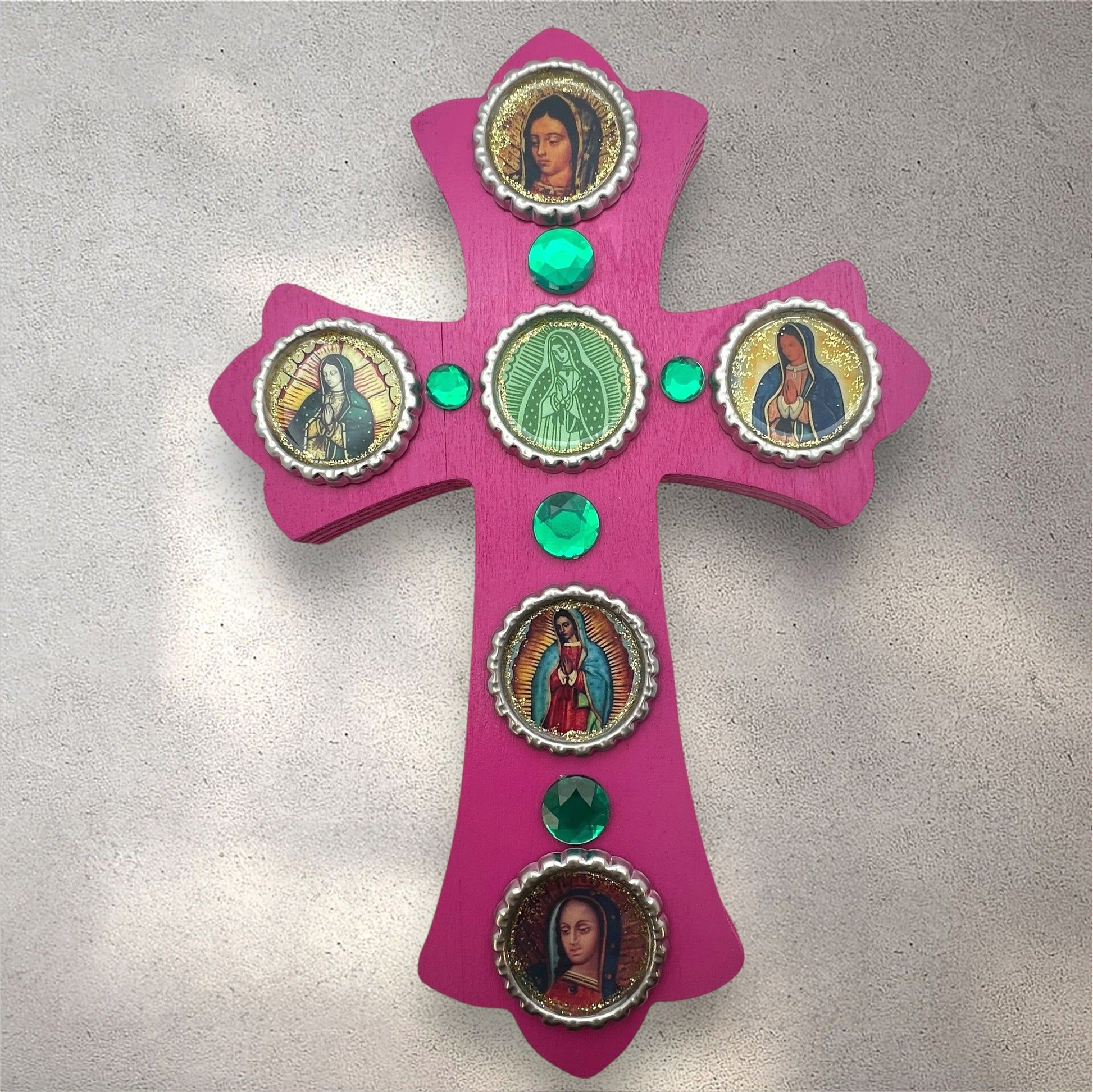 Pink Wooden Cross with Virgen de Guadalupe – 8” Resin-Sealed Bottle Cap Folk Art