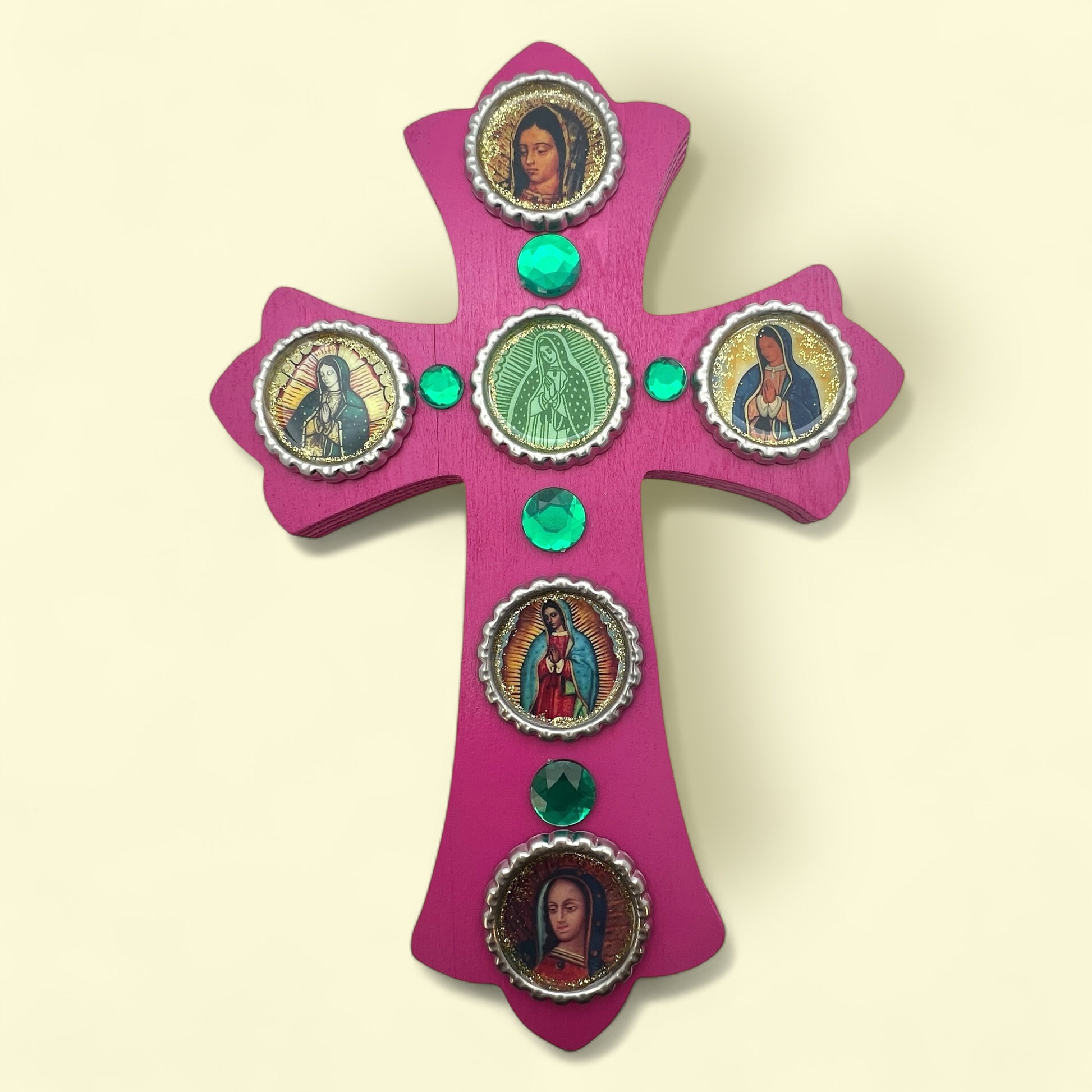 Pink Wooden Cross with Virgen de Guadalupe – 8” Resin-Sealed Bottle Cap Folk Art