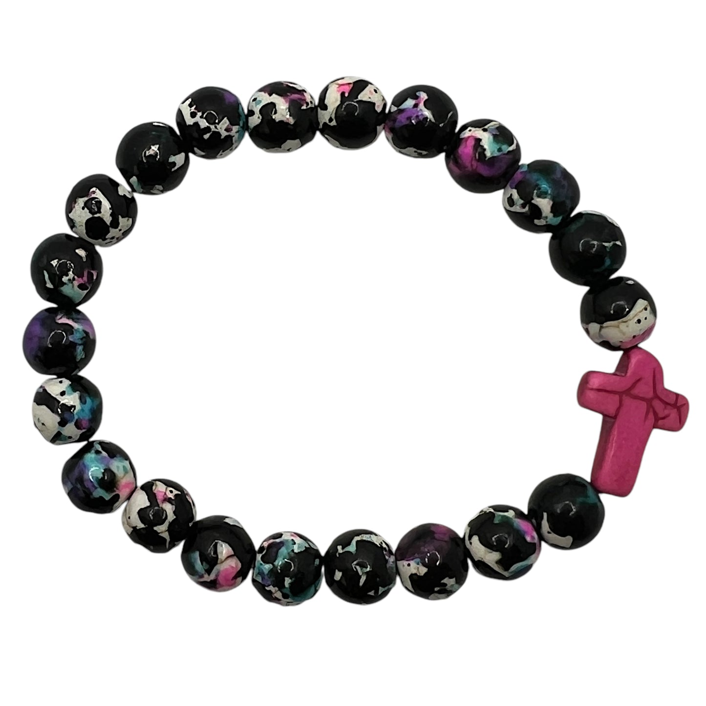 Hot Pink Stone Cross Stretch Bead Bracelet