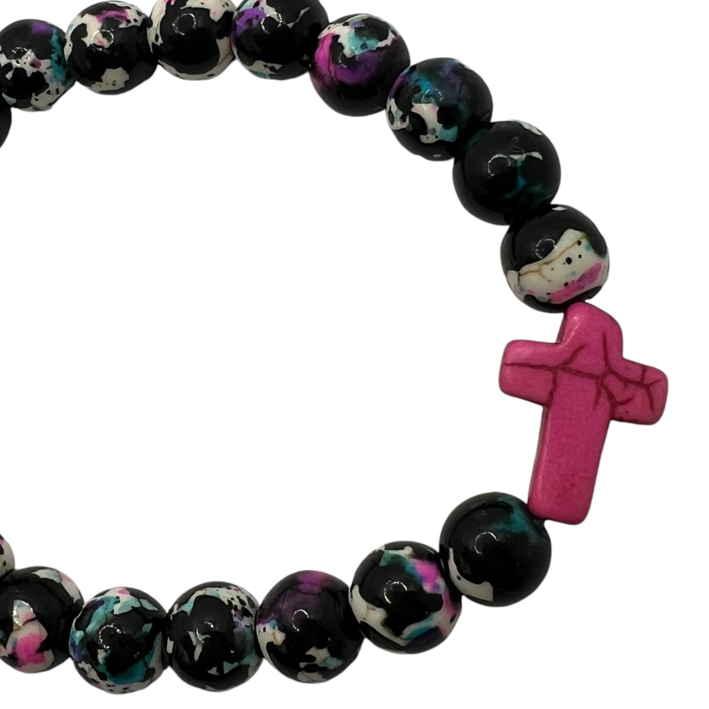 Hot Pink Stone Cross Stretch Bead Bracelet