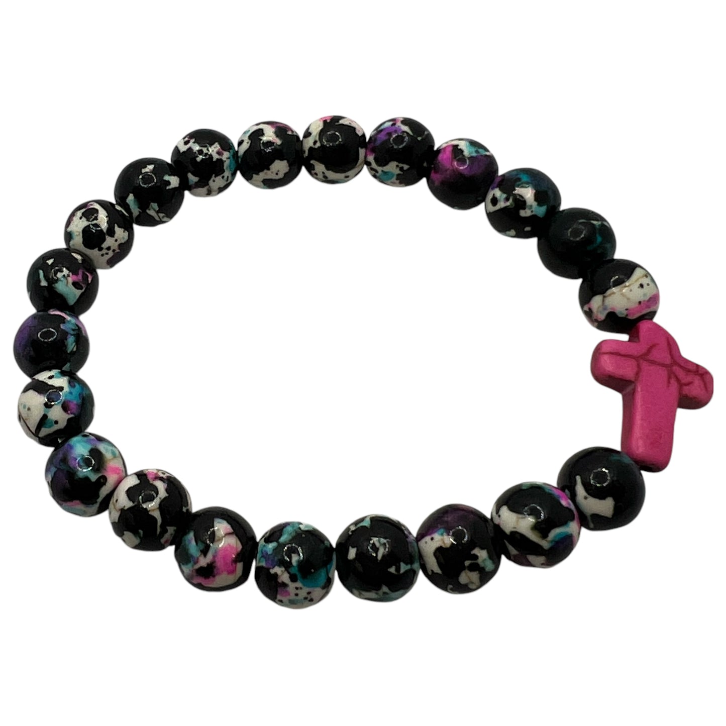 Hot Pink Stone Cross Stretch Bead Bracelet