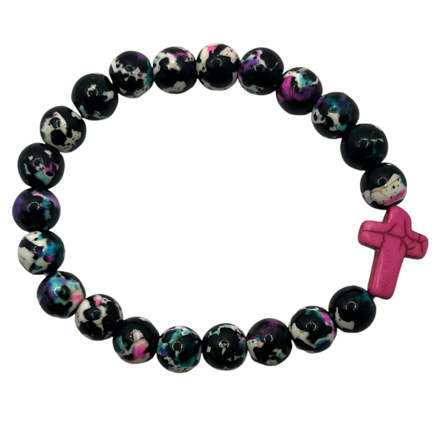 Hot Pink Stone Cross Stretch Bead Bracelet