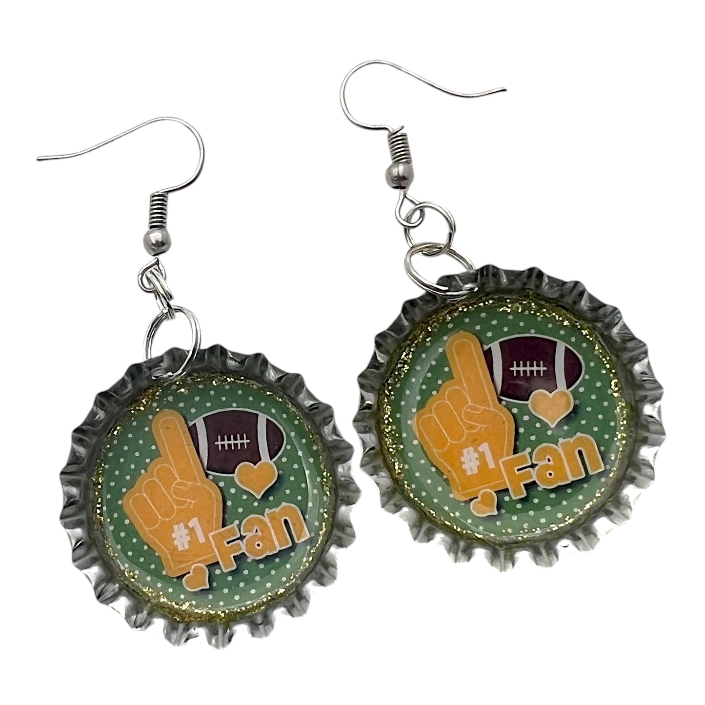 Green Football Fan Bottle Cap Earrings – Handmade Resin Sealed Sports Jewelry