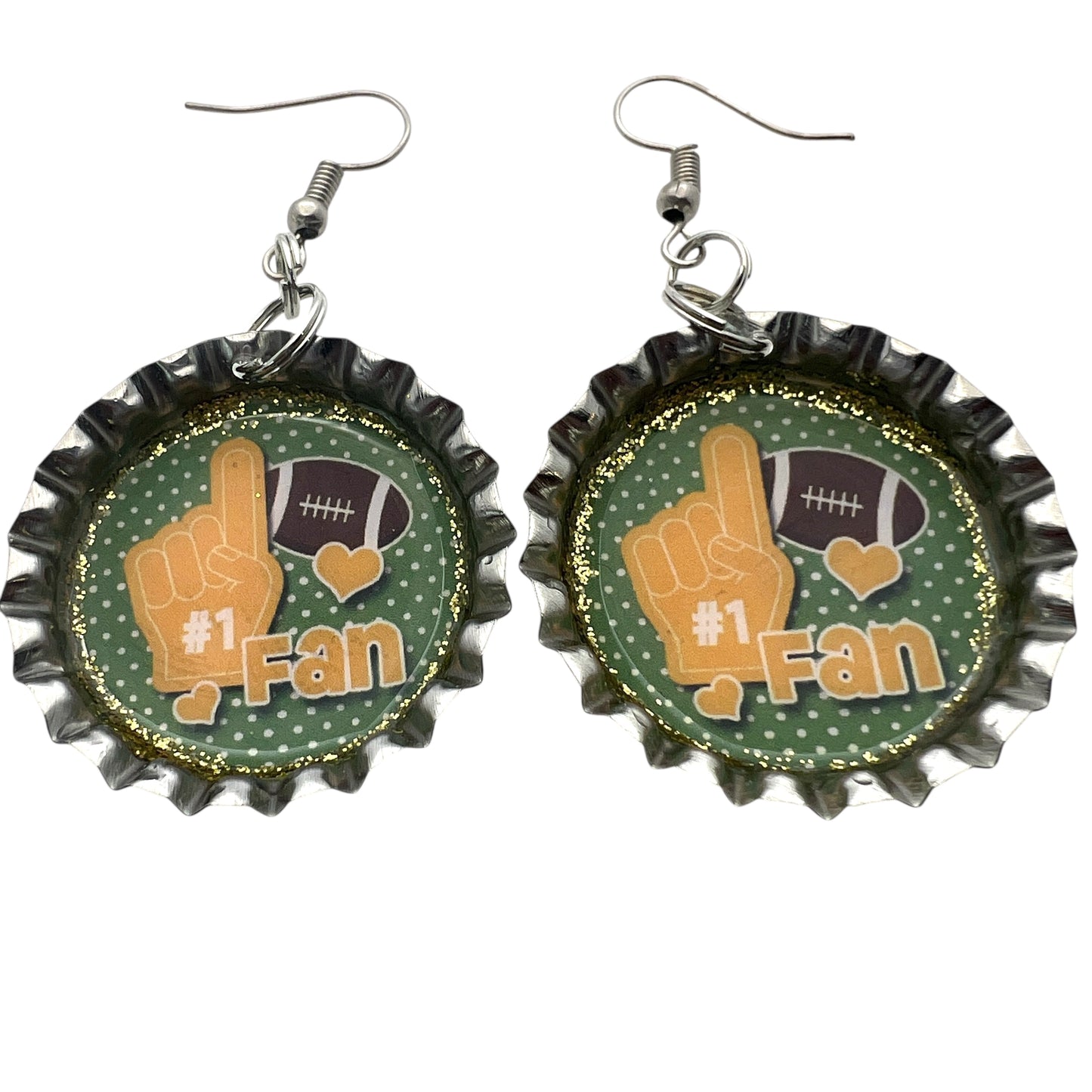 Green Football Fan Bottle Cap Earrings – Handmade Resin Sealed Sports Jewelry