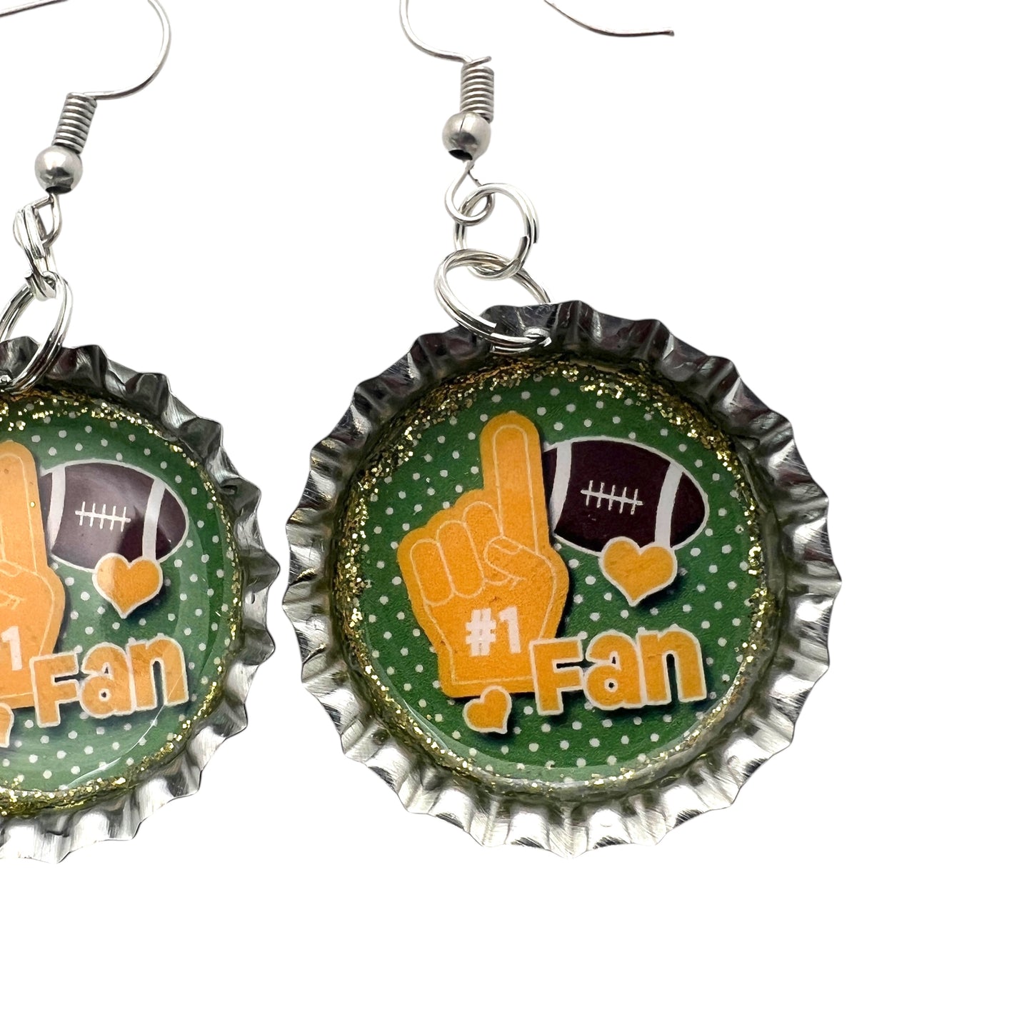 Green Football Fan Bottle Cap Earrings – Handmade Resin Sealed Sports Jewelry