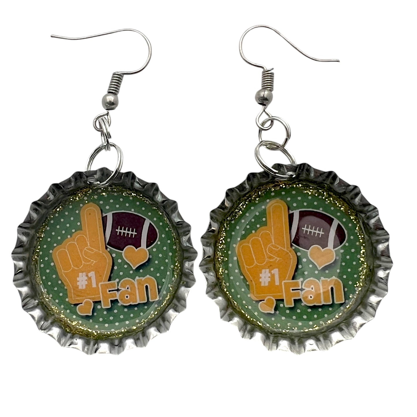 Green Football Fan Bottle Cap Earrings – Handmade Resin Sealed Sports Jewelry