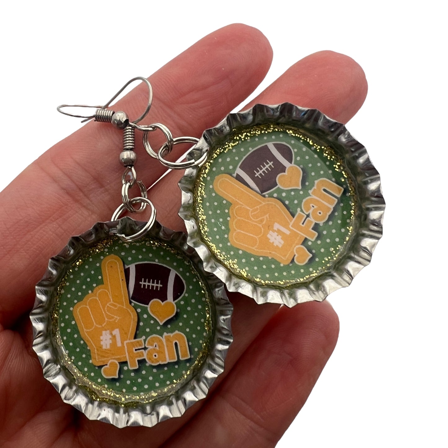 Green Football Fan Bottle Cap Earrings – Handmade Resin Sealed Sports Jewelry