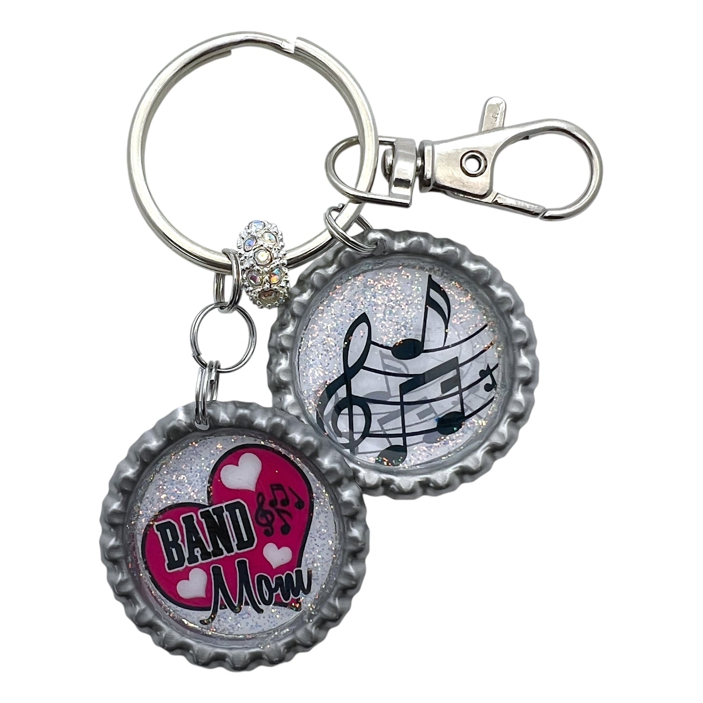 Band Mom Keychain with Music Notes – Glitter Resin Bottle Cap Keyring Gift