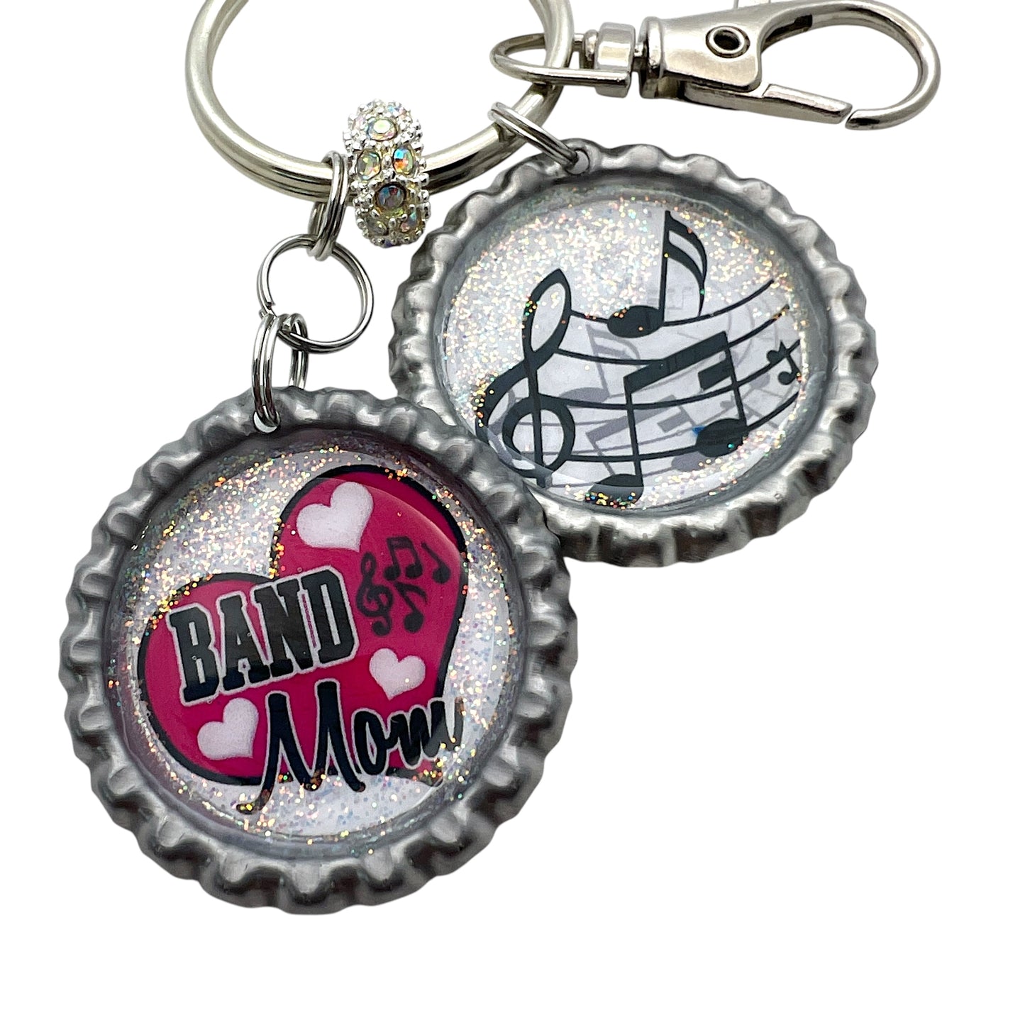 Band Mom Keychain with Music Notes – Glitter Resin Bottle Cap Keyring Gift