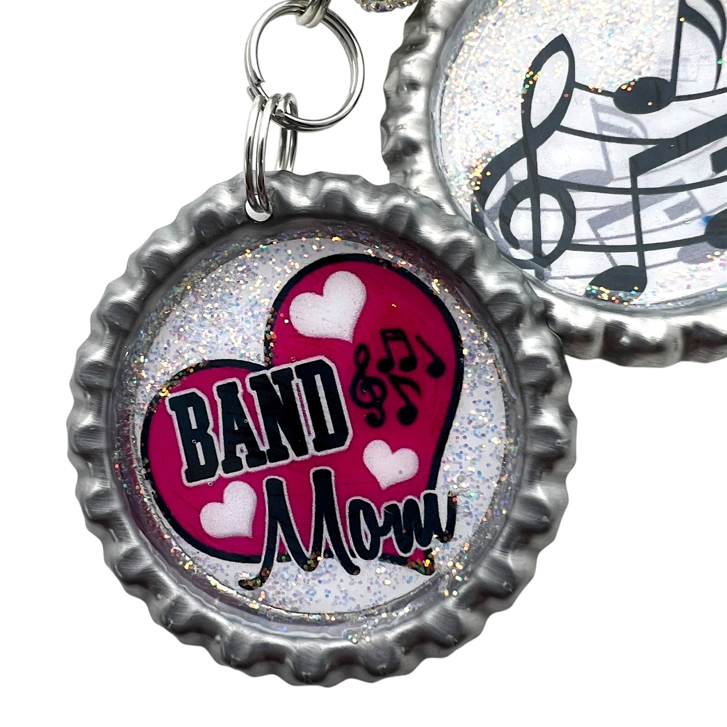 Band Mom Keychain with Music Notes – Glitter Resin Bottle Cap Keyring Gift