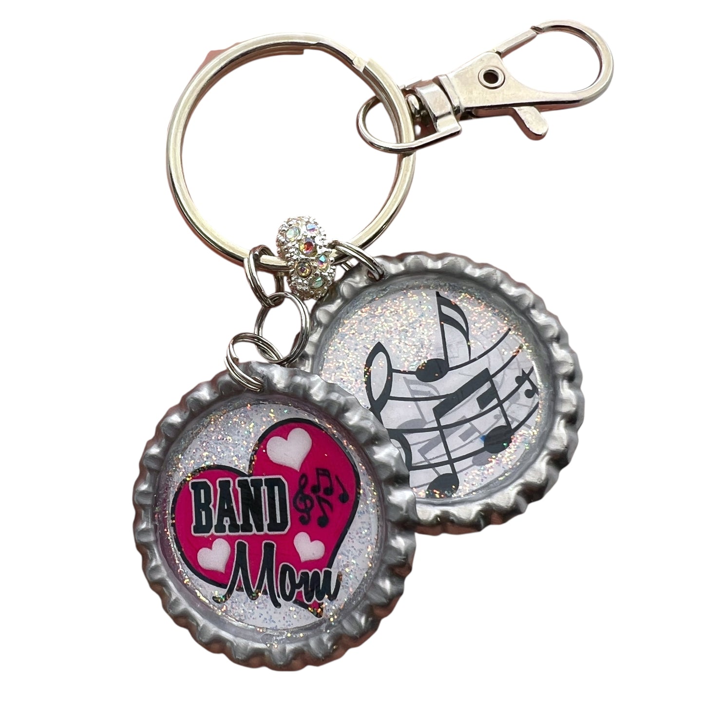 Band Mom Keychain with Music Notes – Glitter Resin Bottle Cap Keyring Gift