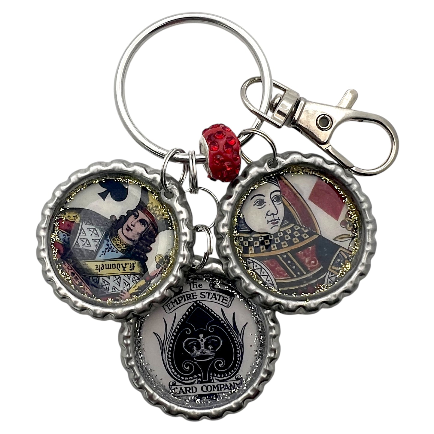 Vintage Playing Card Keychain β Handmade King & Queen Bottle Cap Charm with Glitter