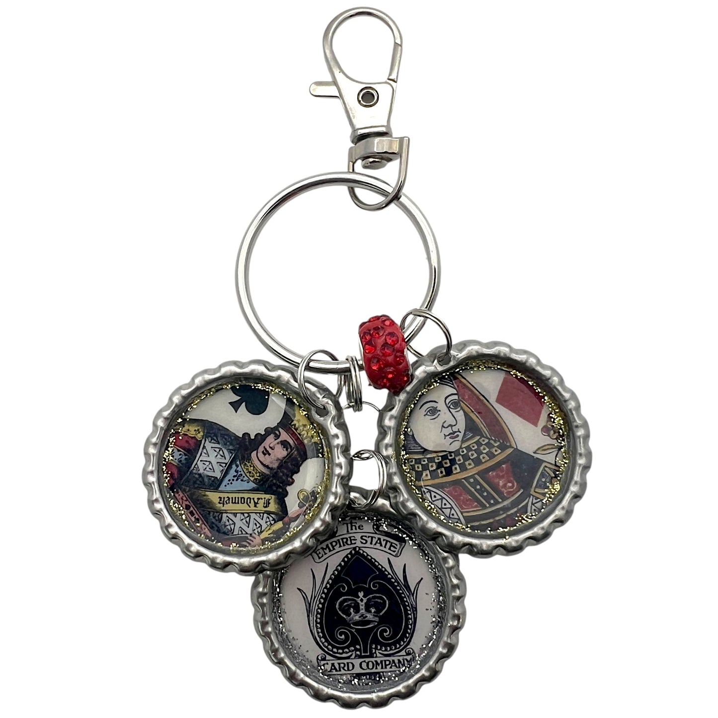 Vintage Playing Card Keychain β Handmade King & Queen Bottle Cap Charm with Glitter