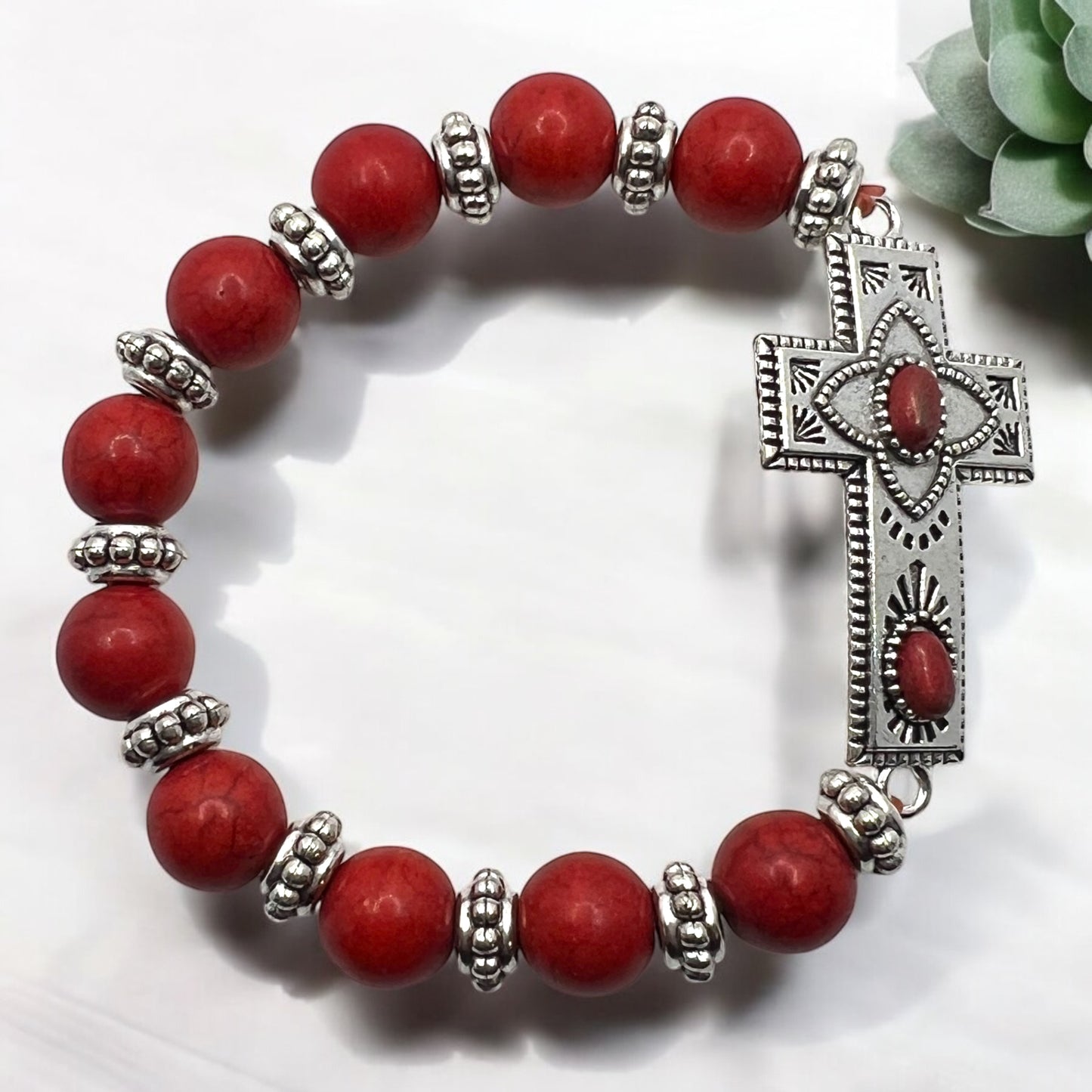 Southwest Red Stone Beaded Stretch Bracelet 7” Silver Cross Charm Western Boho