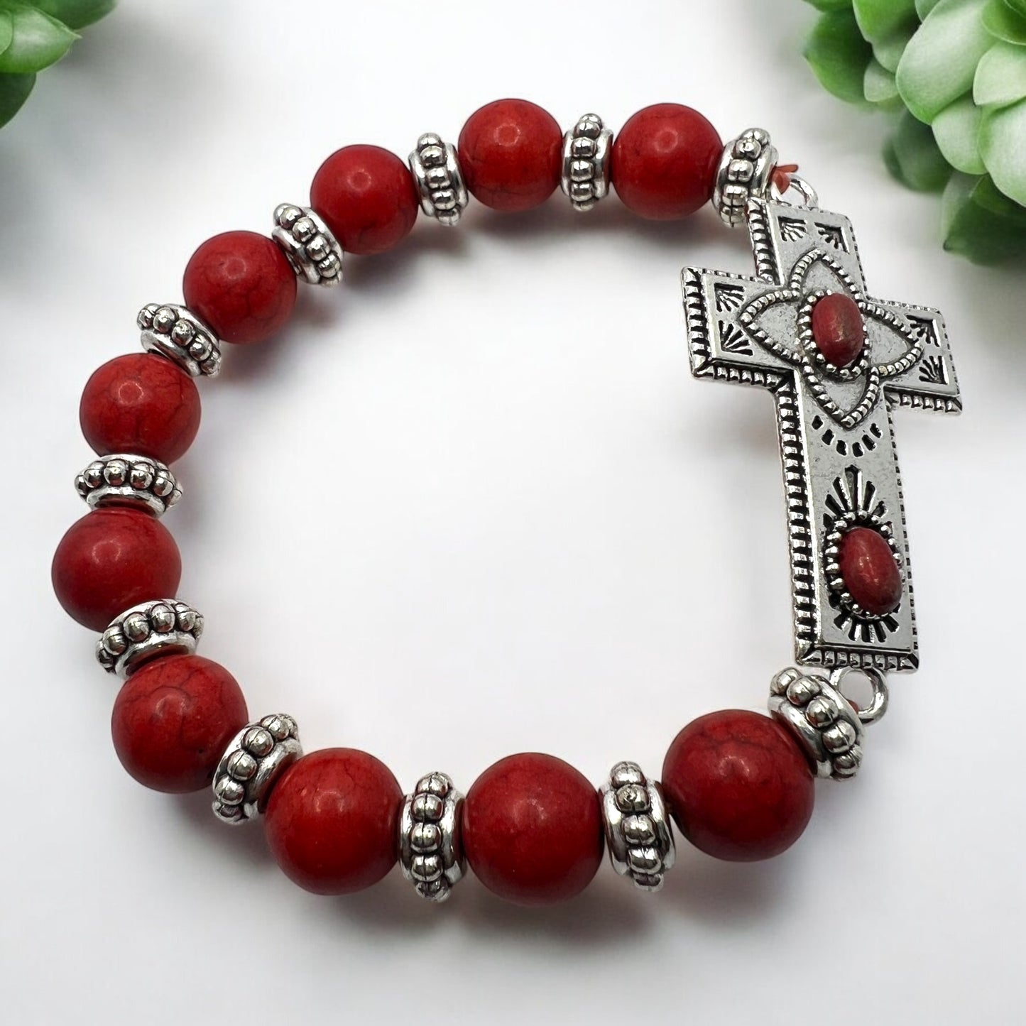 Southwest Red Stone Beaded Stretch Bracelet 7” Silver Cross Charm Western Boho