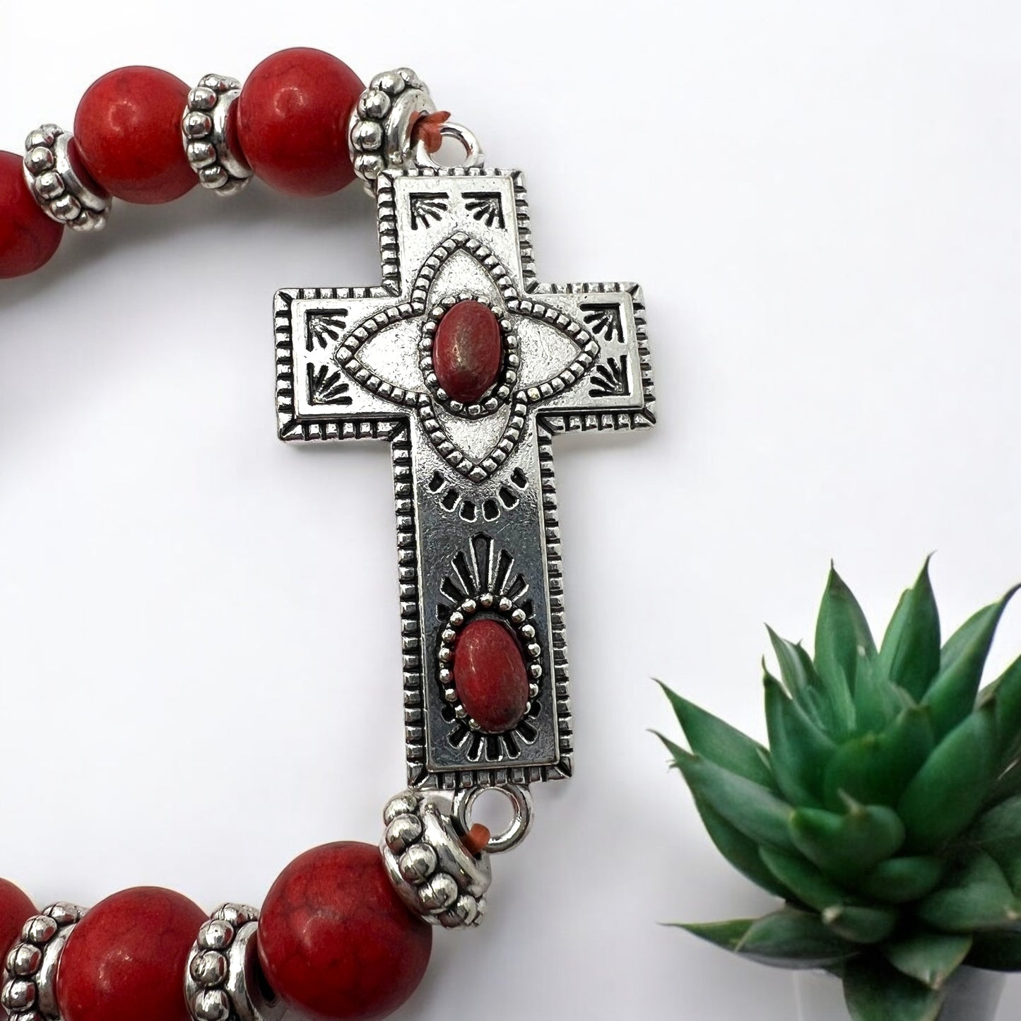 Southwest Red Stone Beaded Stretch Bracelet 7” Silver Cross Charm Western Boho