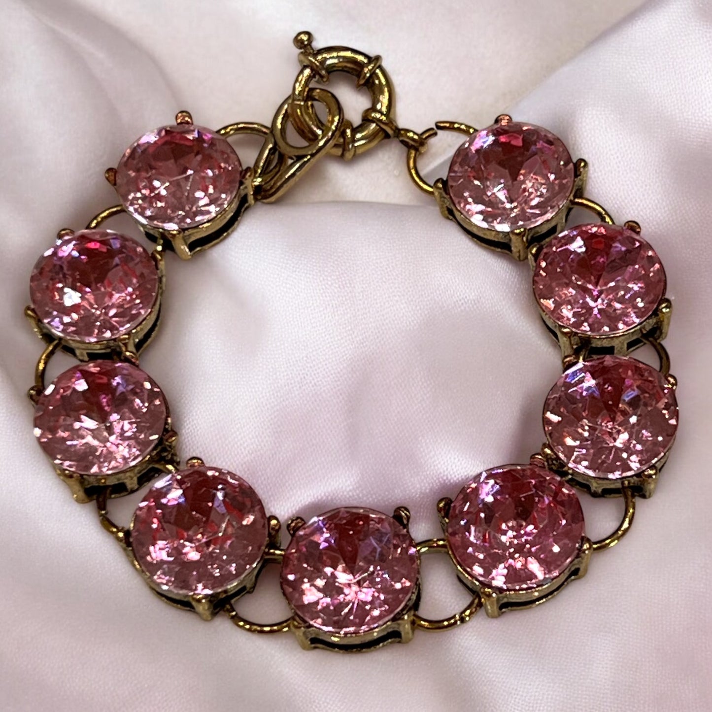 Vintage Style Pink Rhinestone Bracelet 7” Round Crystal Gold Tone Sparkly Retro
