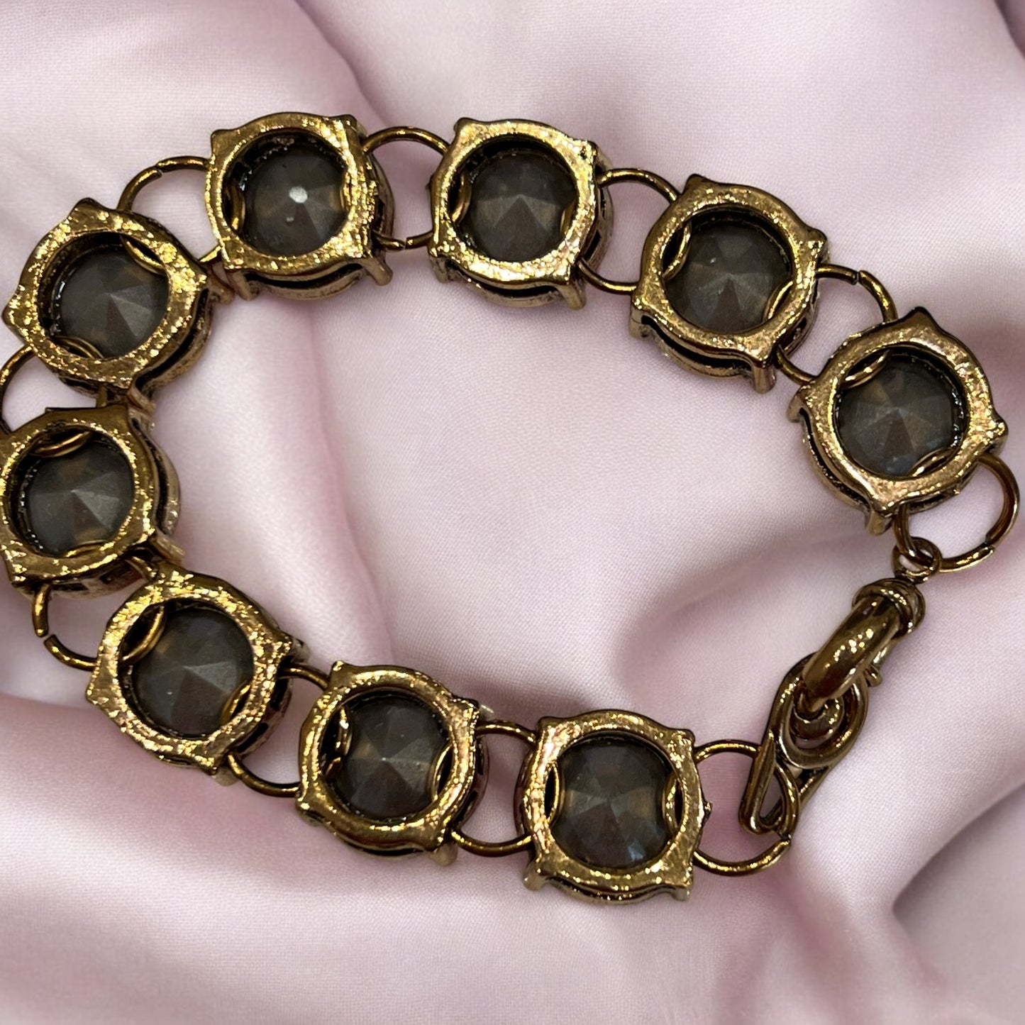 Vintage Style Pink Rhinestone Bracelet 7” Round Crystal Gold Tone Sparkly Retro
