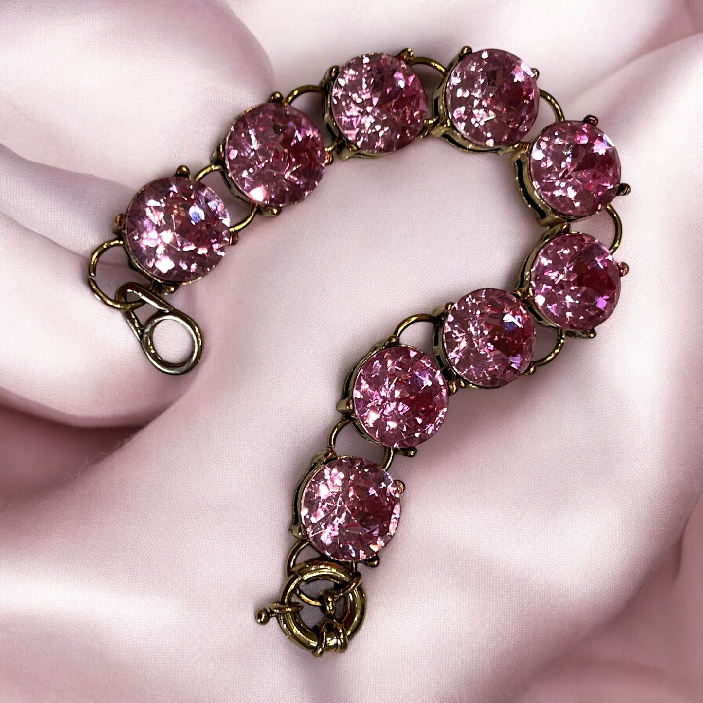 Vintage Style Pink Rhinestone Bracelet 7” Round Crystal Gold Tone Sparkly Retro