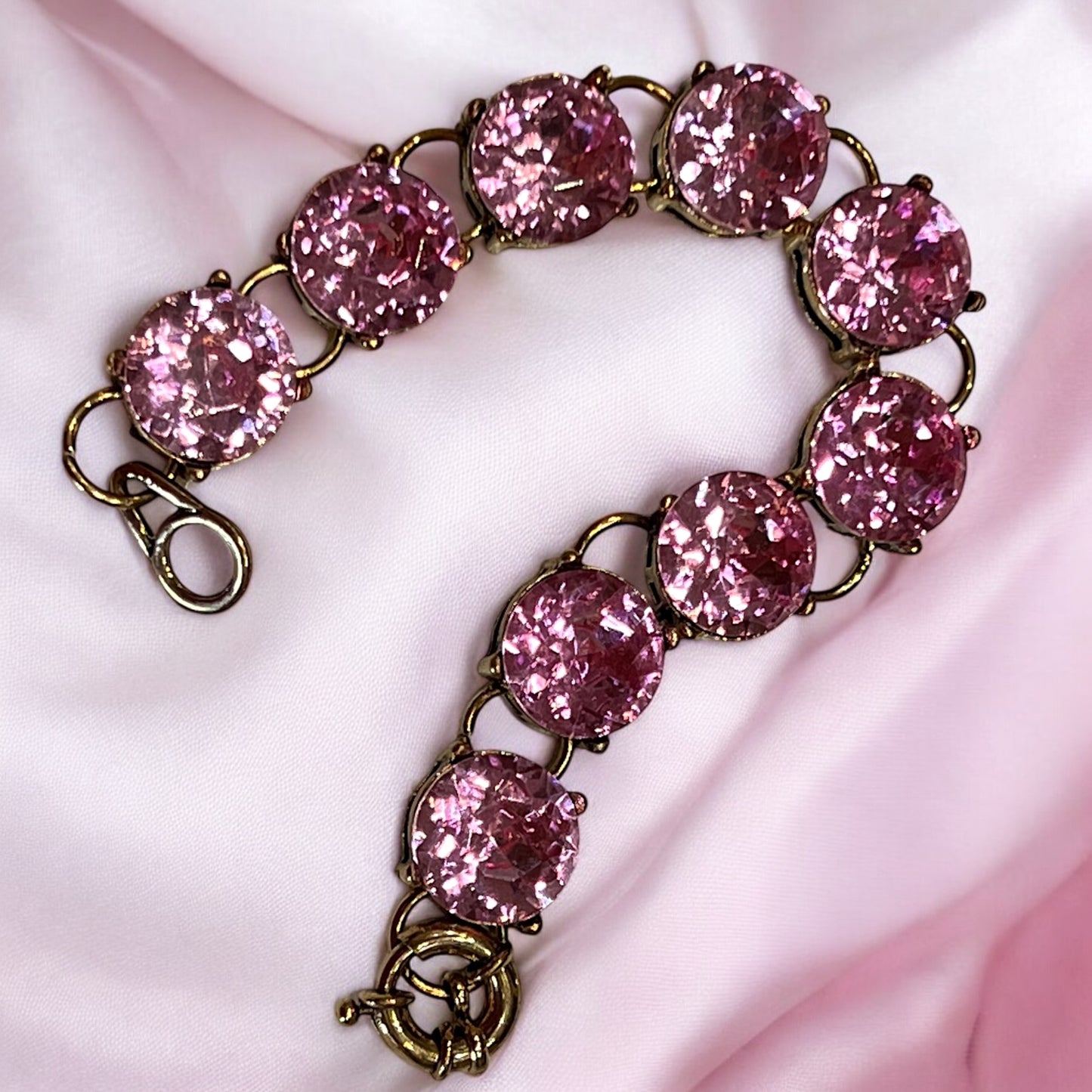 Vintage Style Pink Rhinestone Bracelet 7” Round Crystal Gold Tone Sparkly Retro