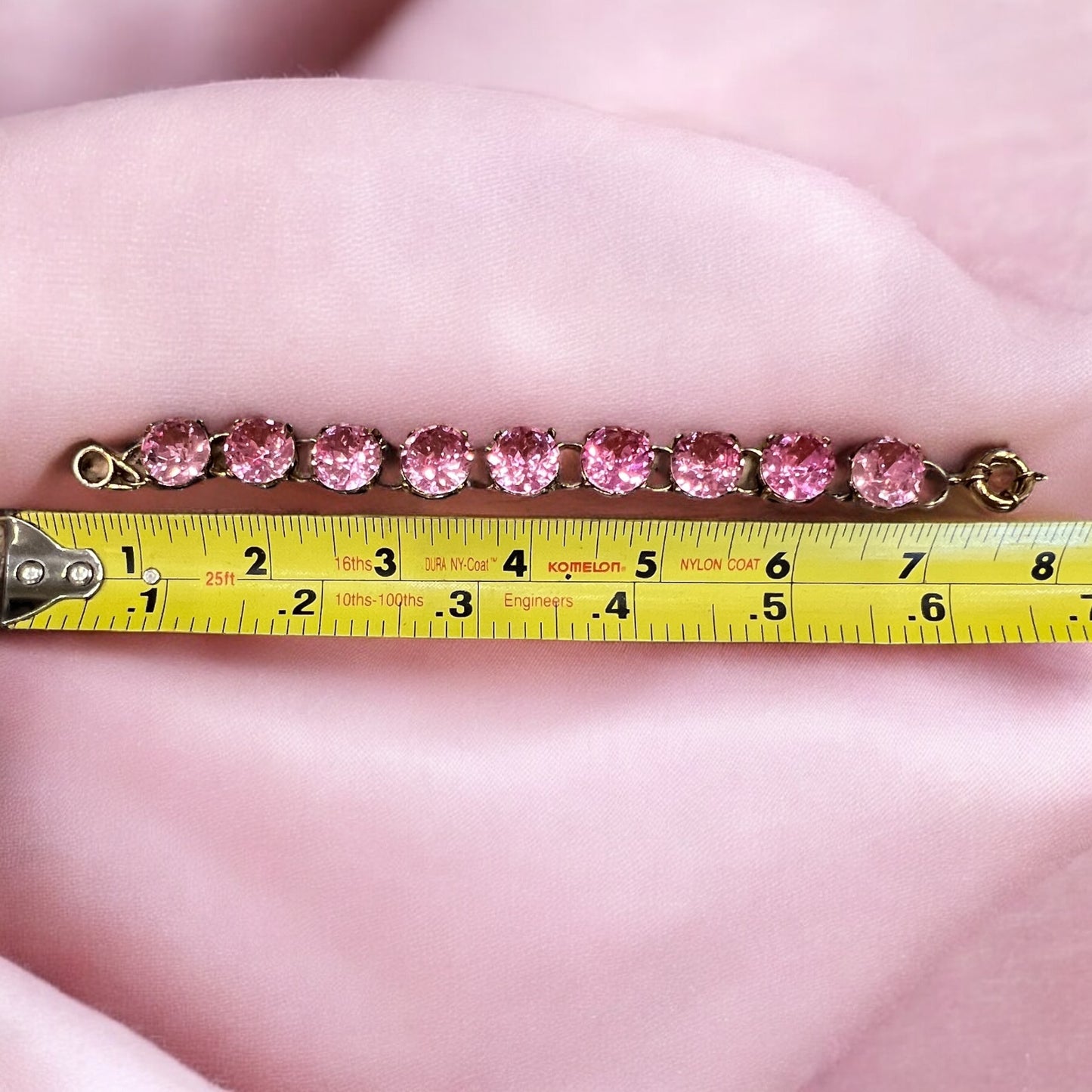 Vintage Style Pink Rhinestone Bracelet 7” Round Crystal Gold Tone Sparkly Retro