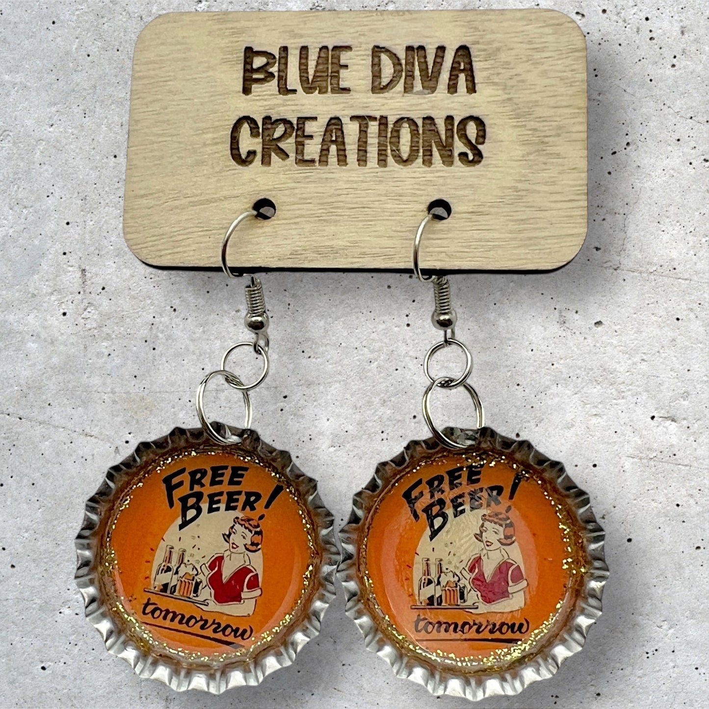 “Free Beer Tomorrow” Bottle Cap Earrings