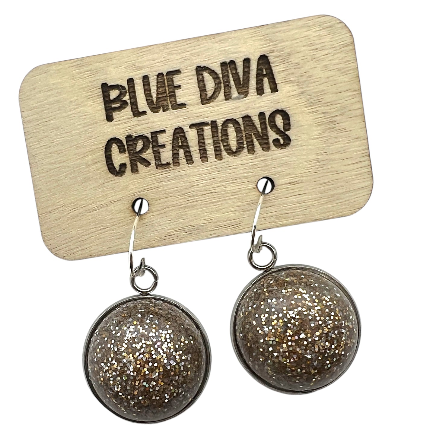Champagne Domed Glitter Dangle 20mm Resin Earrings