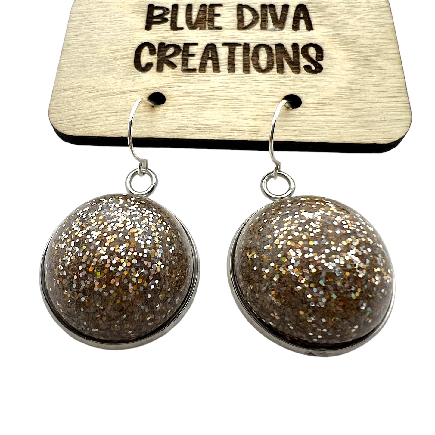 Champagne Domed Glitter Dangle 20mm Resin Earrings