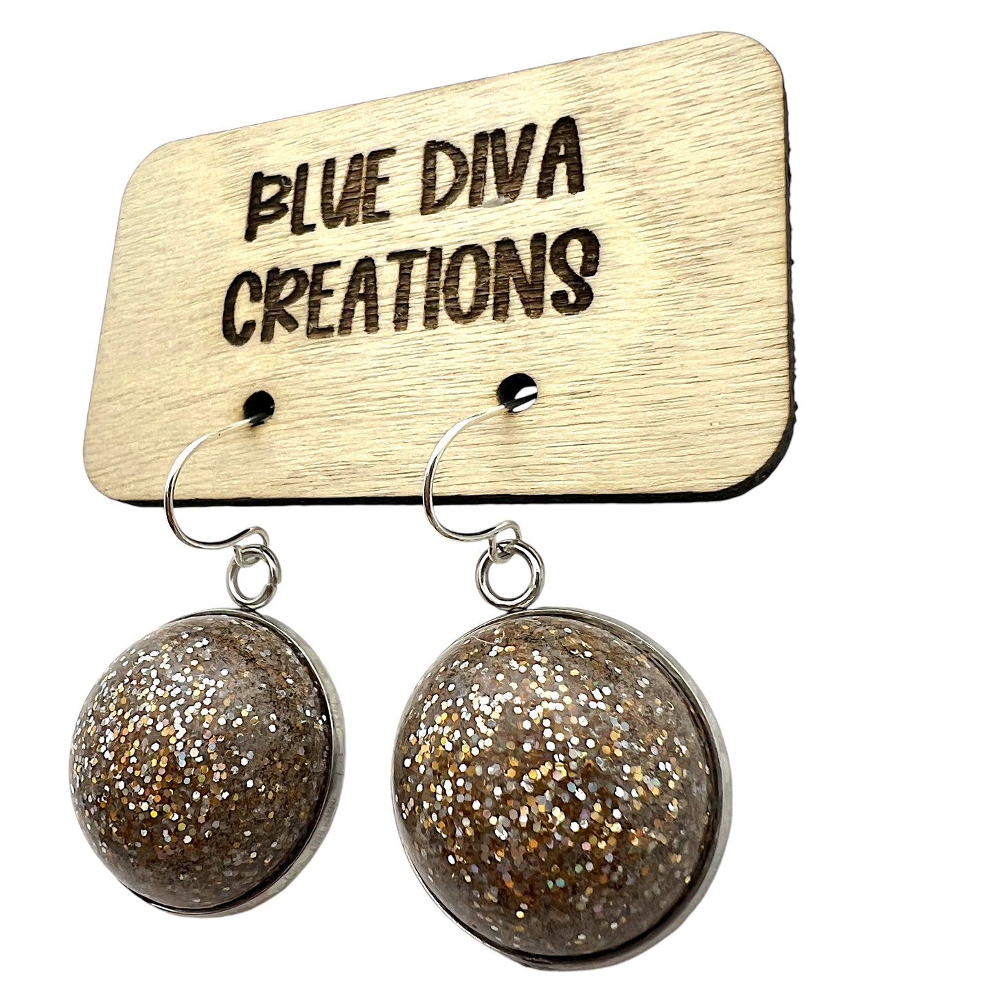 Champagne Domed Glitter Dangle 20mm Resin Earrings