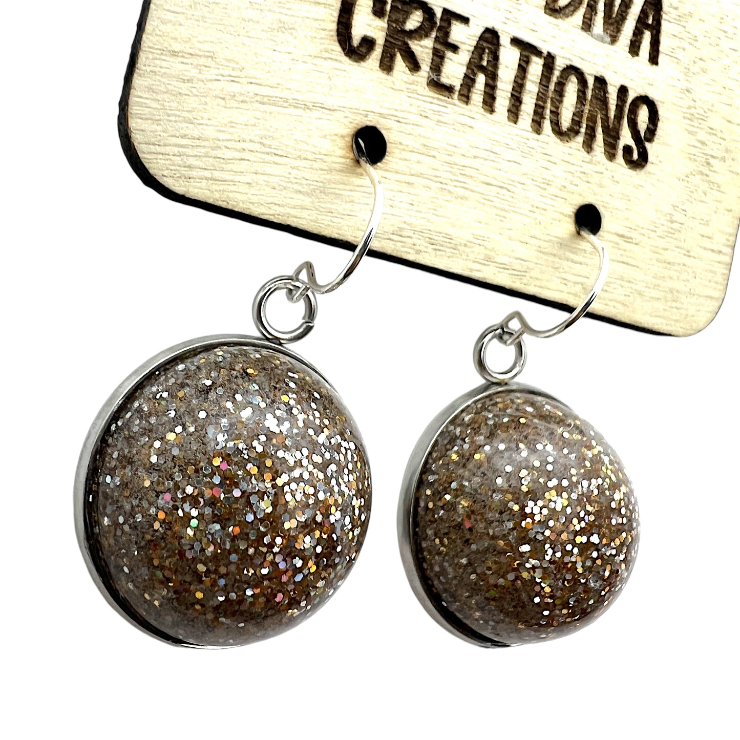 Champagne Domed Glitter Dangle 20mm Resin Earrings