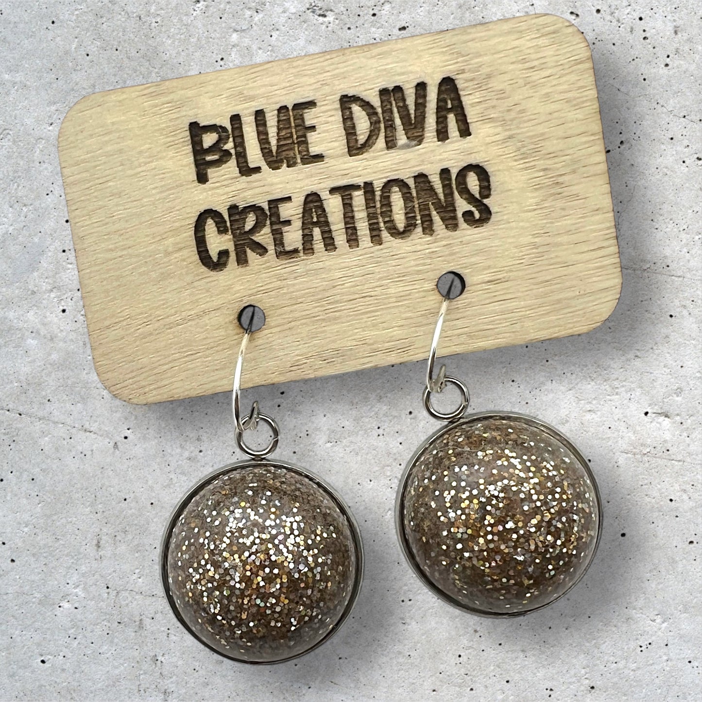 Large Gold Glitter Dome Dangle Party Earrings