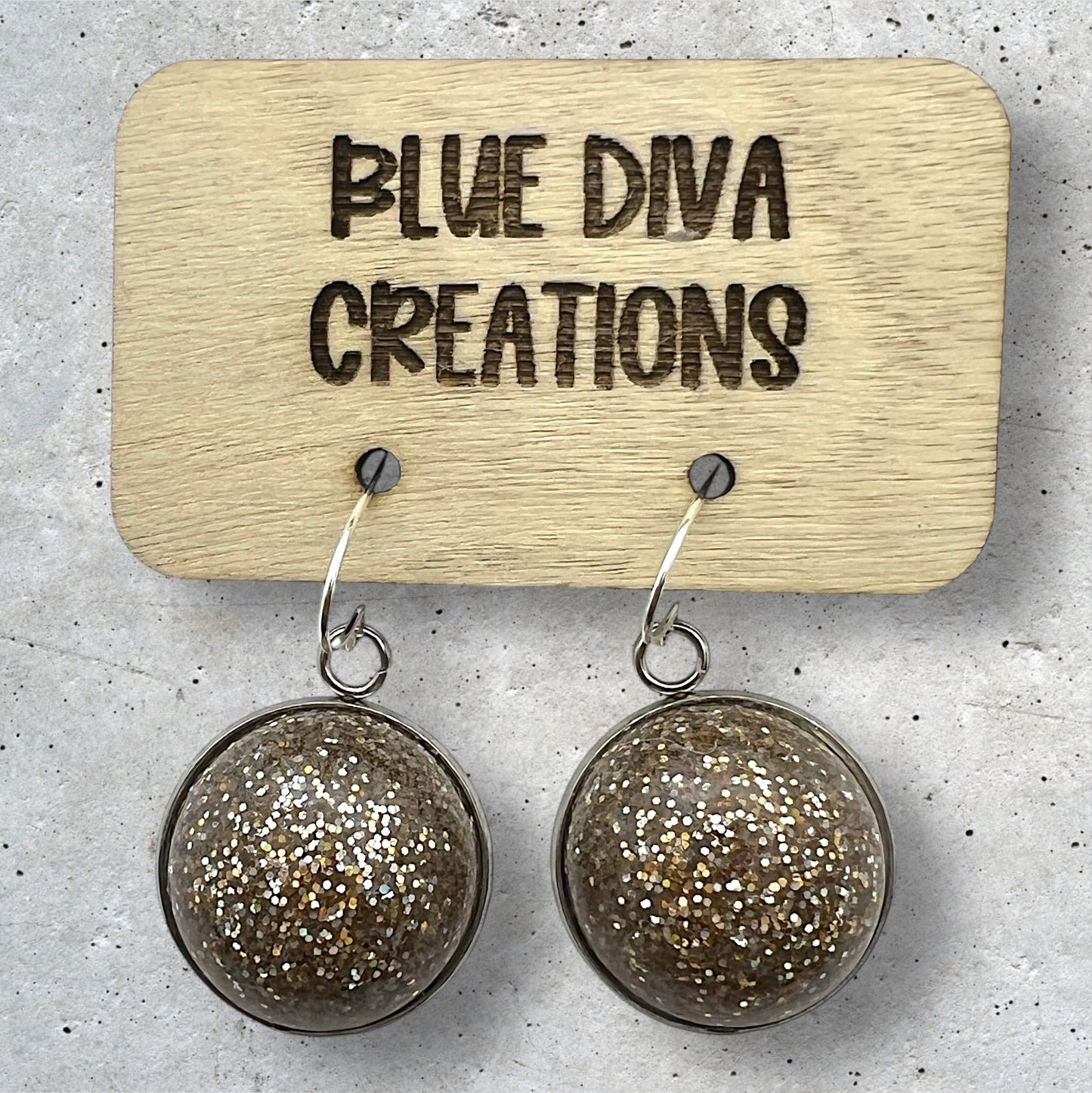 Champagne Domed Glitter Dangle 20mm Resin Earrings