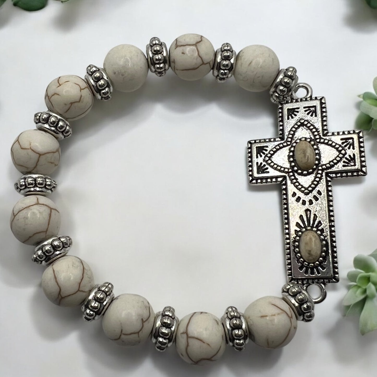 White Howlite Beaded Stretch Bracelet with Ornate Cross Charm