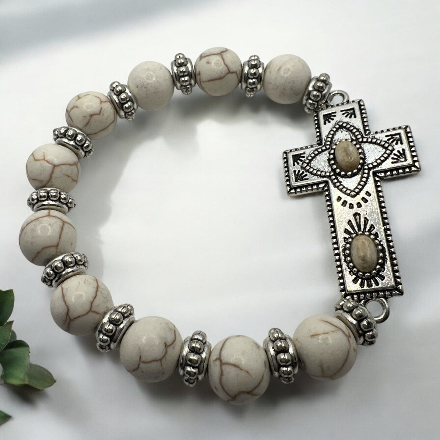 White Howlite Beaded Stretch Bracelet with Ornate Cross Charm