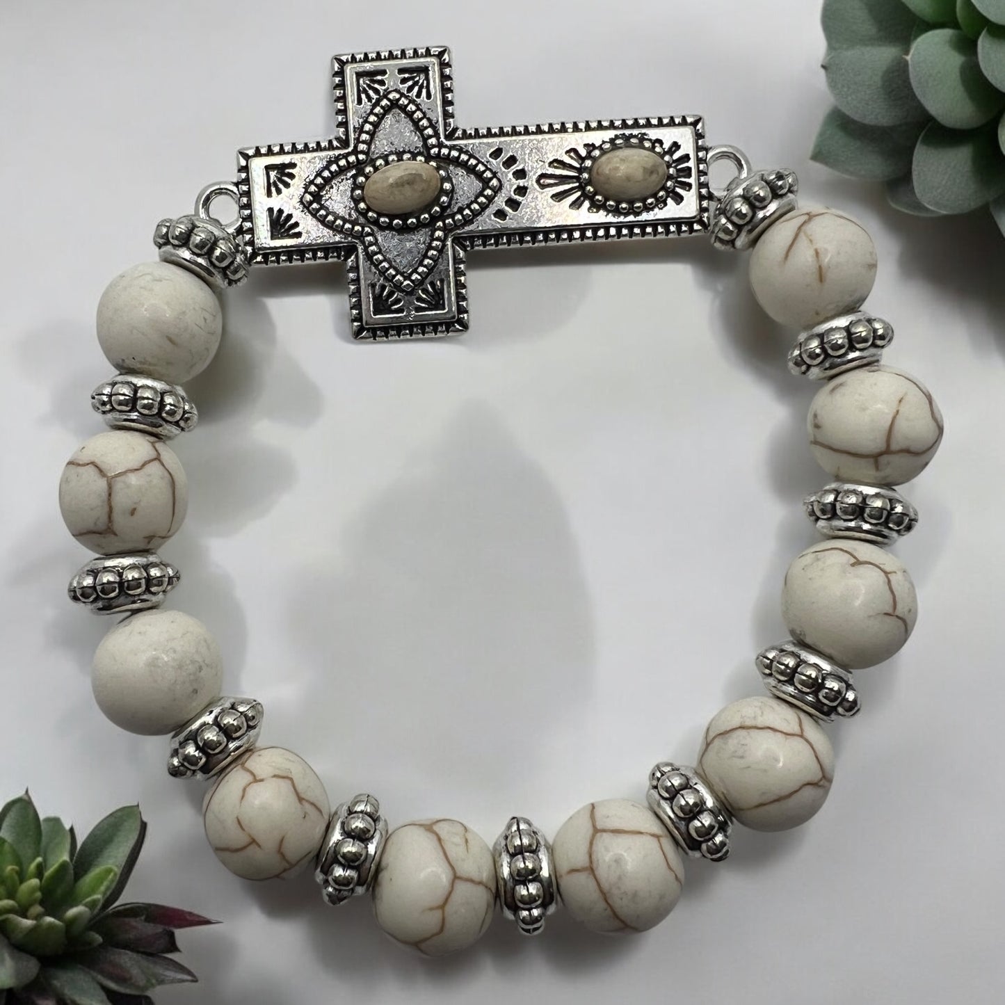 White Howlite Beaded Stretch Bracelet with Ornate Cross Charm
