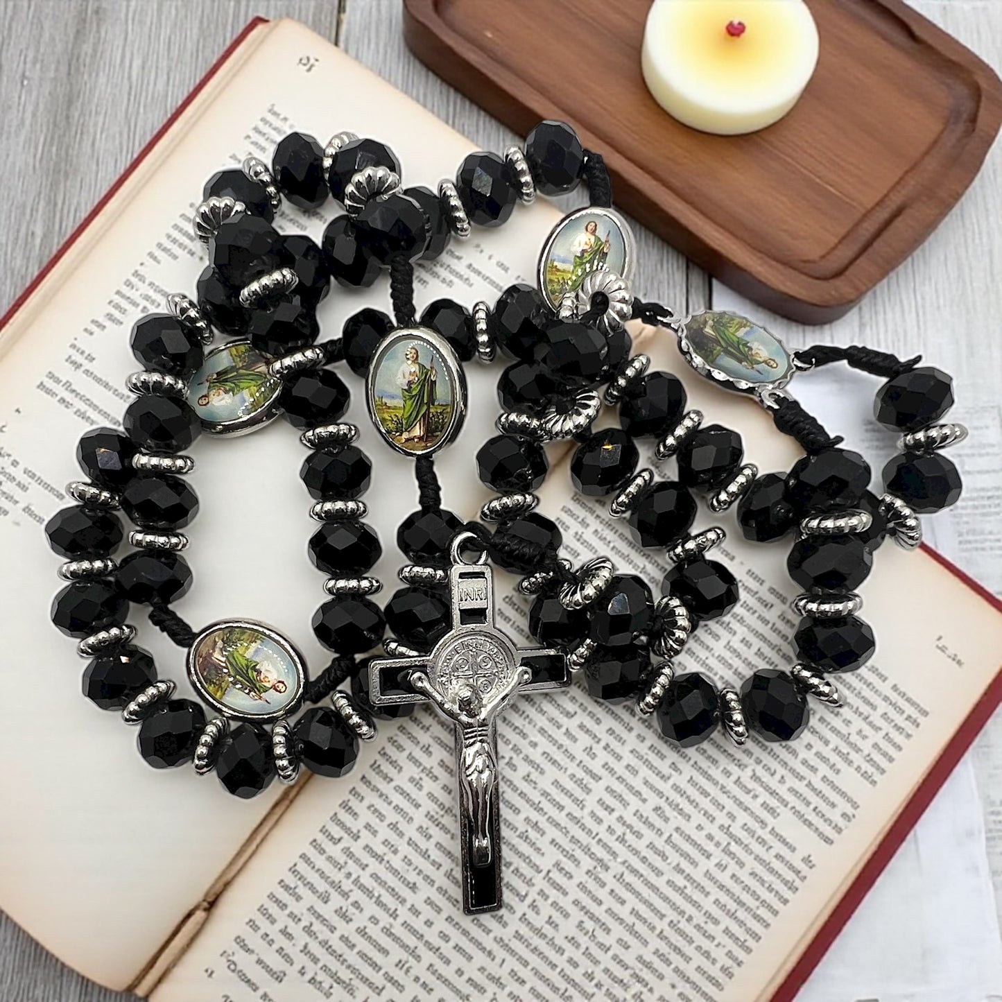 St. Jude Rosary – 19” Black Faceted Beads with Silver Crucifix