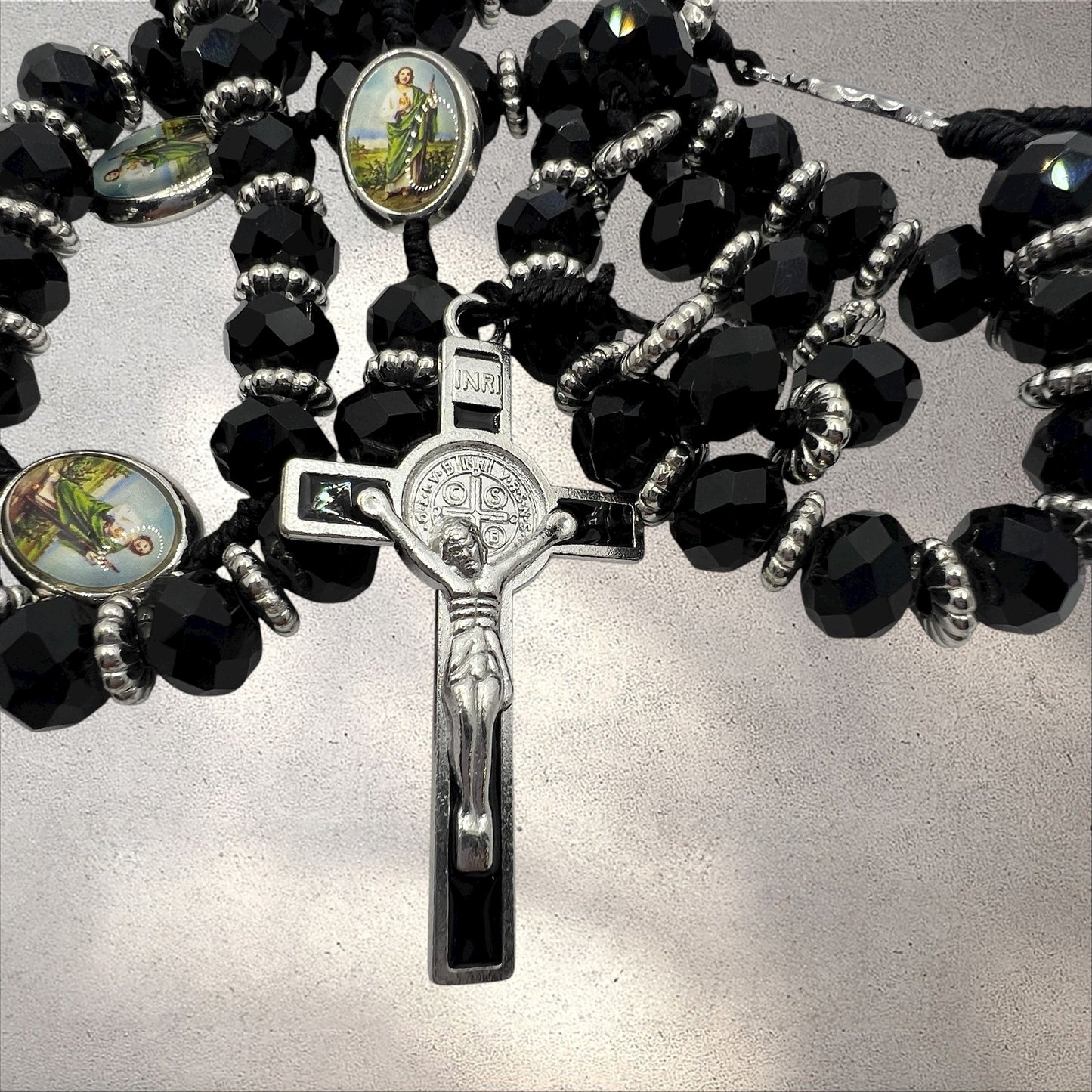 St. Jude Rosary – 19” Black Faceted Beads with Silver Crucifix