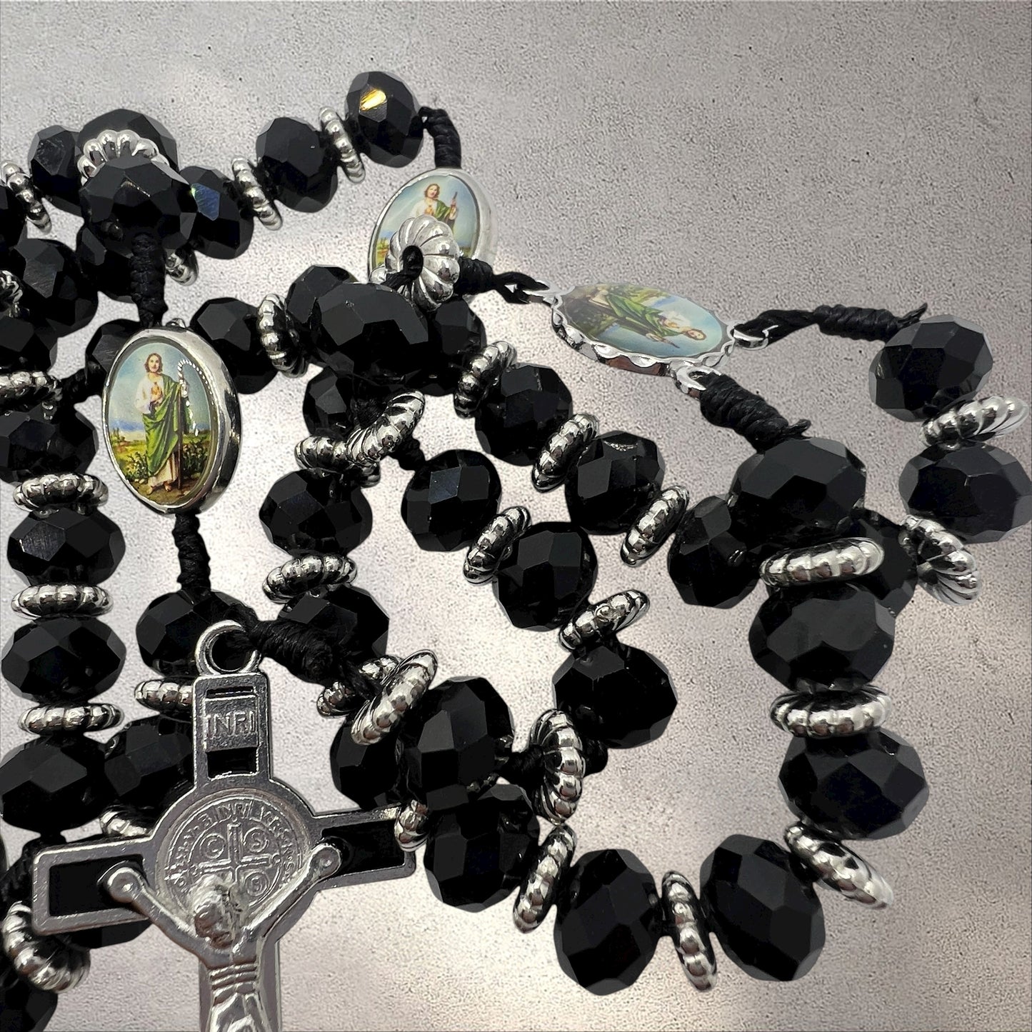 St. Jude Rosary – 19” Black Faceted Beads with Silver Crucifix