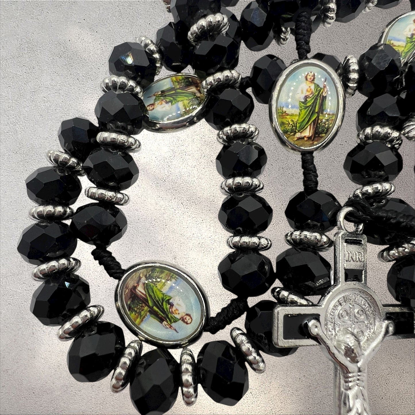 St. Jude Rosary – 19” Black Faceted Beads with Silver Crucifix