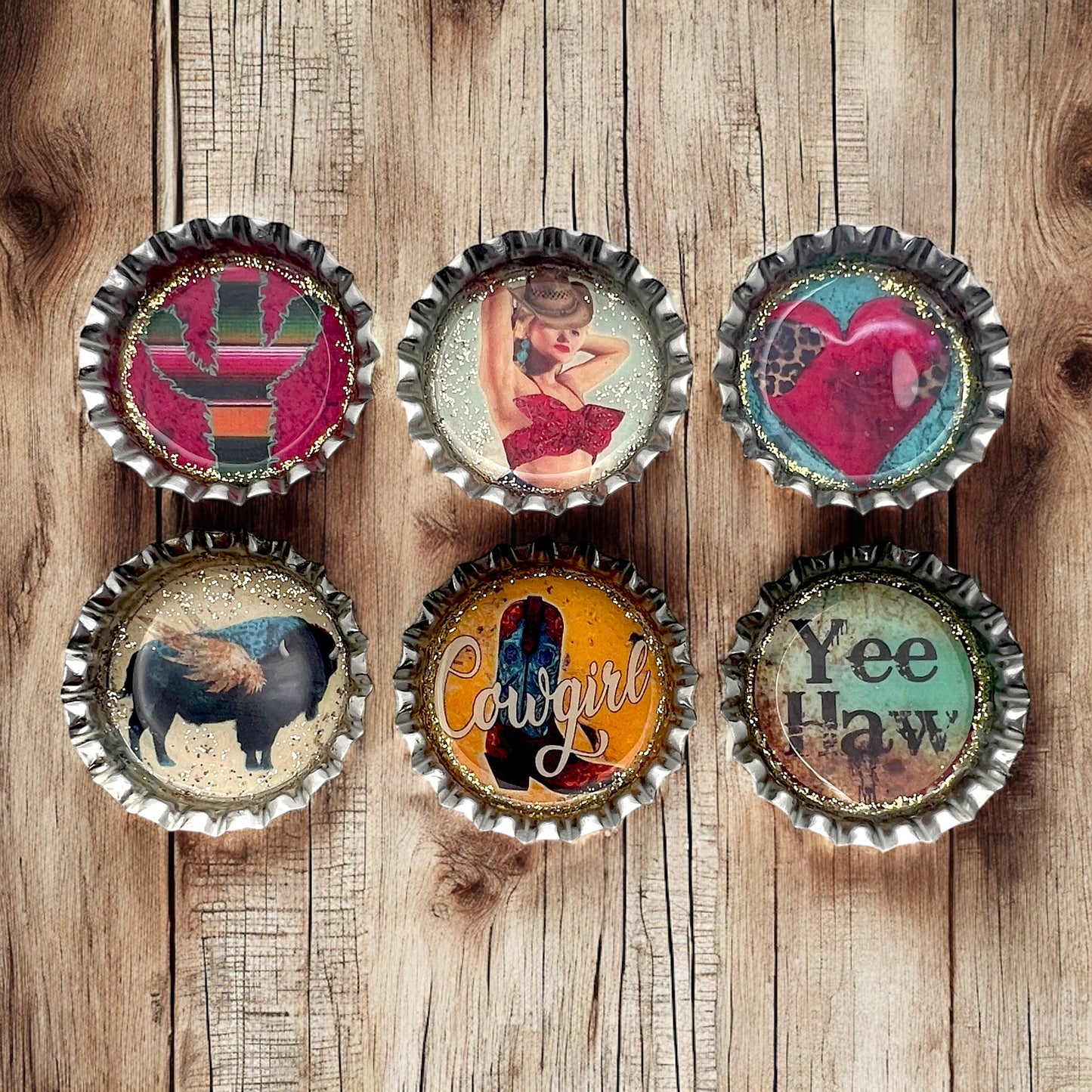 Western Cowgirl Bottle Cap Magnets – Rustic Fridge Decor, Retro Pin-Up, Country Cactus, Yee Haw Gift Set, Glitter Resin Magnets, Handmade Western Style
