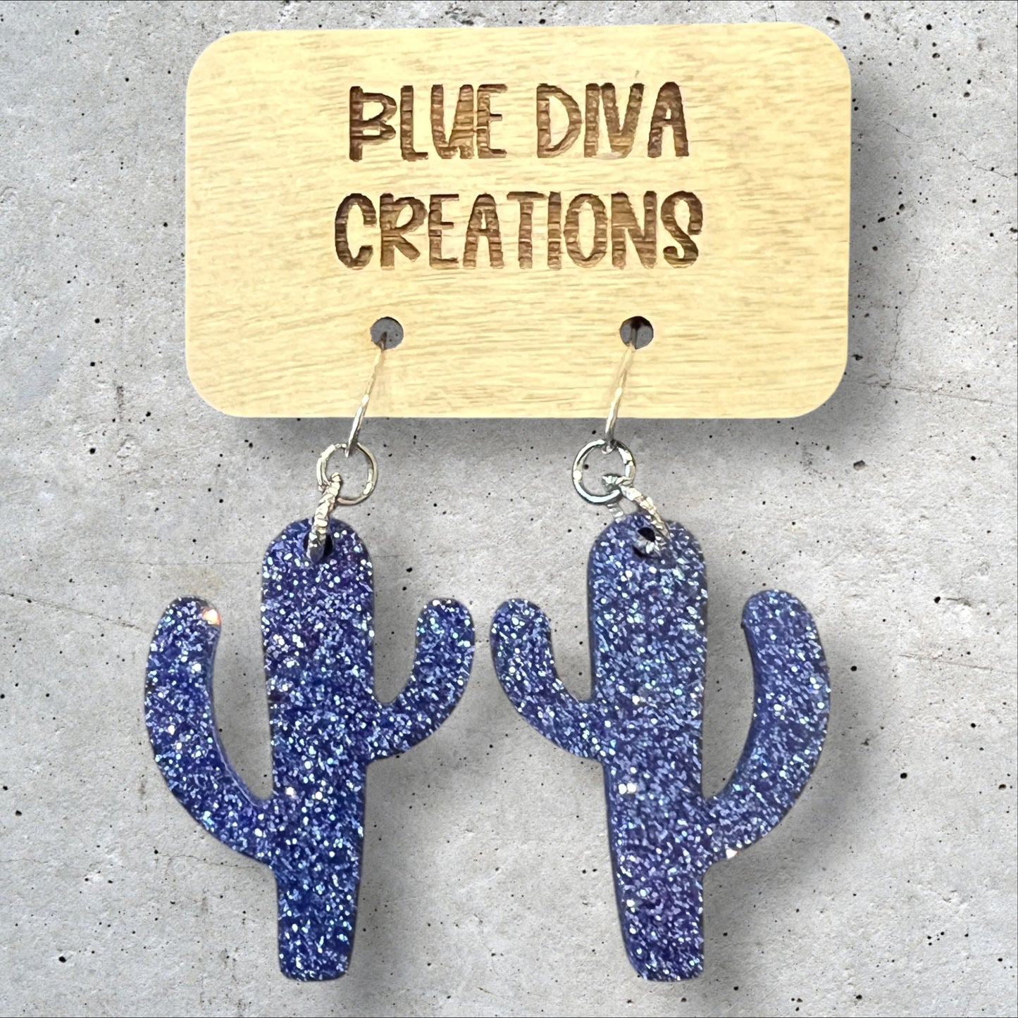 Blue Cactus Glitter Resin Earrings