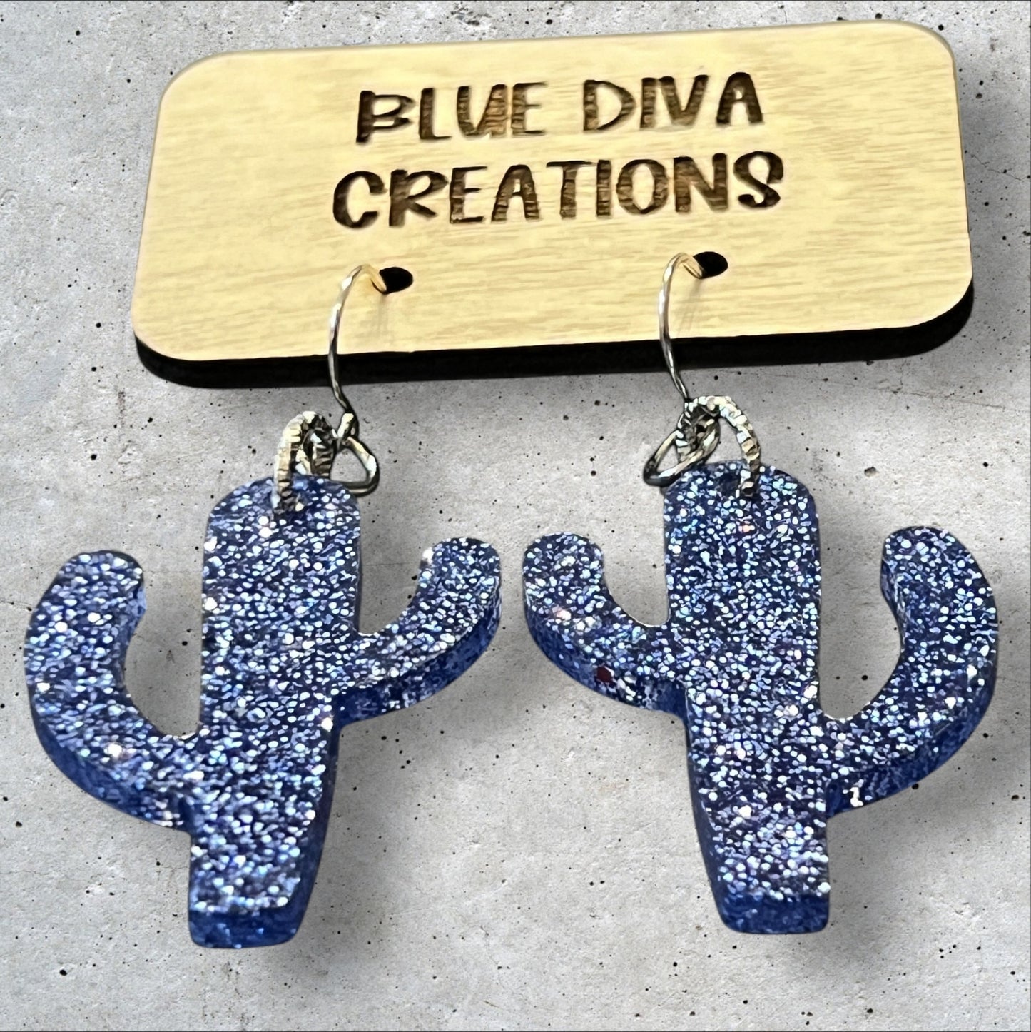 Blue Cactus Glitter Resin Earrings