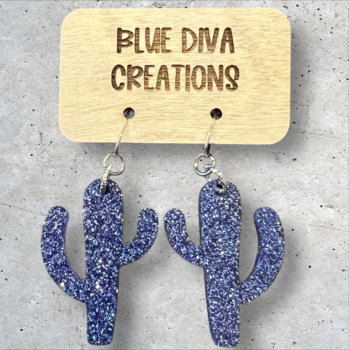 Blue Cactus Glitter Resin Earrings