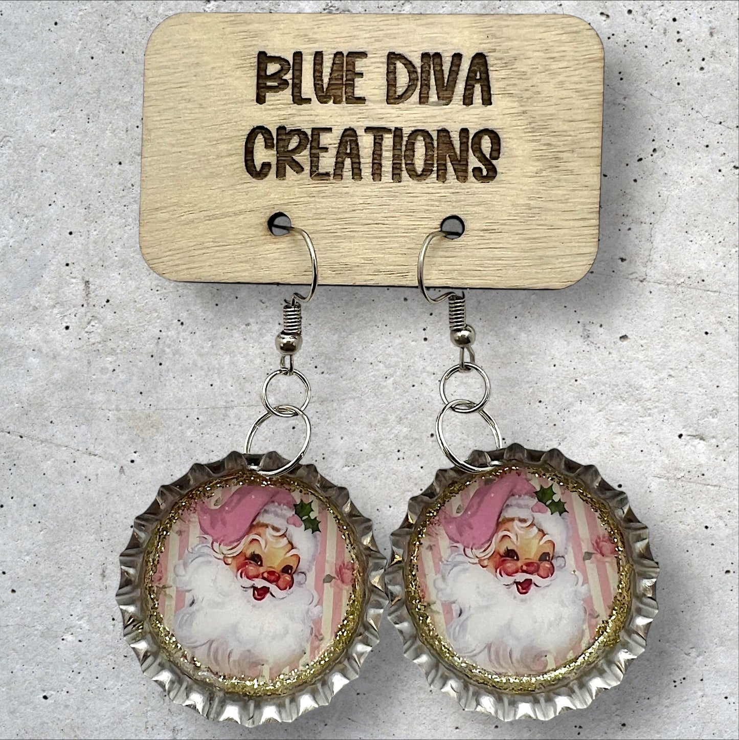 Vintage Pink Retro Santa Claus Bottle Cap Earrings